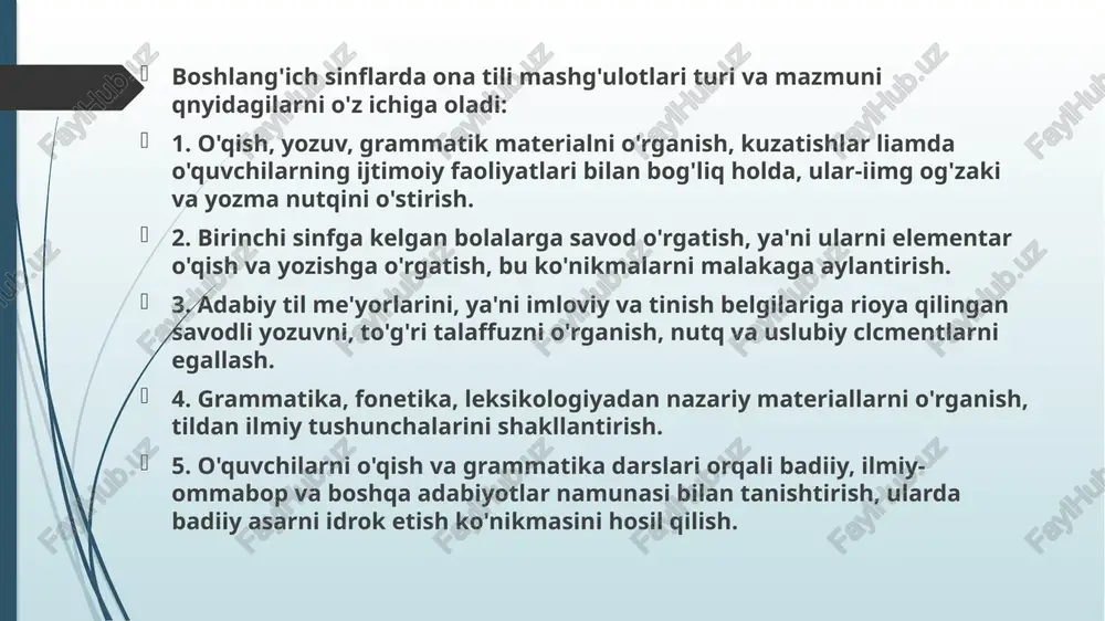 qilish. boshlang'ich sinflarnig ona tili dasturi ikki qismdan iborat: 1. tushuntirish xati. 2. asosiy qism. tushuntirish xatida ona tili predmetining tutgan o'rni, uning vazifalari ko'rsatilib, metodik uo'1-yo'riqlar beriladi. dasturning asosiy qismi quyidagi bo'limlardan tashkil topgan: 1. savod o'rgatish va nutq o'stirish. 2. sinfda, sinfdan tashqari o 'qish va nutq o'stirish. 3. fonetika, grammatika, imlo va nutq o'stirish. boshlang'ich sinflarda ona tili mashg'ulotlari turi va mazmuni quyidagilarni o'z ichiga oladi: 1. o'qish, yozuv, grammatik materialni o'rganish, kuzatishlar liamda o'quvchilarning ijtimoiy faoliyatlari bilan bog'liq holda, ular-iimg og'zaki va yozma nutqini o'stirish. 2. birinchi sinfga kelgan bolalarga savod o'rgatish, ya'ni ularni elementar o'qish va yozishga o'rgatish, bu ko'nikmalarni malakaga aylantirish. 3. adabiy til me'yorlarini, ya'ni imloviy va tinish belgilariga rioya qilingan savodli yozuvni, to'g'ri talaffuzni o'rganish, nutq va uslubiy elementlarni egallash. 4. grammatika, fonetika, leksikologiyadan nazariy materiallarni o'rganish, tildan ilmiy tushunchalarini shakllantirish. 5. o'quvchilarni o'qish va grammatika darslari orqali badiiy, ilmiy-ommabop va boshqa …