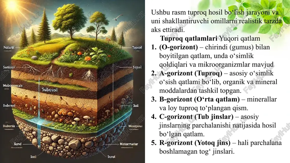 reaksiyasiga turlicha talabchan. kuchsiz nordon yoki kuchsiz ishqoriy reaksiyali tuproqlar eng qulay hisoblanadi. yuqori nordonlik koʻpgina ekinlar va mikroorganizmlarning oʻsishi va rivojlanishiga salbiy taʼsir koʻrsatadi. tuproqning optimal reaksiyasi bugʻdoyga 6— 7, bedaga 7—8, gʻoʻzaga 6—7,3, makkajoʻxoriga 6—7. tuproqning potensial nordonligi tuproq qattiq fazasi bilan bogʻliq boʻlib, tuproqning tuzli eritmalar bilan oʻzaro taʼsirida tuz kationlari vodorod hamda alyuminiy ionlarini siqib chiqaradigan sharoitlarda yuzaga chiqadi. siqib chiqarish tarziga qarab potensial nordonlikning almashinuvchi va gidrolitik shakllari bor. tuproq zonasi - zonal va unga yondosh intrazonal tuproqlar egallagan hudud. tuproq tiplari shimoldan janubga, shuningdek, tekislikdan balandlikka koʻtarilish bilan asta sekin oʻzgarib boradi va har qaysi joyda oʻziga xos tipdagi tuproq zonasini hosil qiladi. tuproq zonasi tushunchasi tuproq tiplari, tuproq iqlim va qishloq xoʻjaligi ekinlarini hududda rnoslashtirishda qatʼiy birlik sifatida qoʻllanadi. yer yuzida tuproq zonallari maʼlum tabiiy qonun asosida tarqalgan. har bir tuproq zonasi muayyan bir geografik zonada uchraydi. tuproqning bu xilda joylashganligini dastlab v.v. …