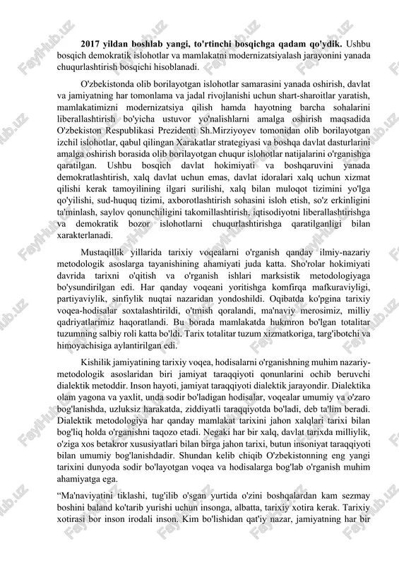 eltirishga qaratilgan o'tish davrining dastlabki islohotlar jarayoniga ilk qadamlar qo'yildi. shu davrdan boshlab bir necha avlod davrida shakllanib kelgan va odamlar ongiga singib ketgan kommunistik mafkura aqidasidan voz kechilib, milliy istiqlol g'oyasining asoslari shakllandi. buning ta'sirida hayotga demokratik qadriyatlarni mustahkamlash, mamlakatni jahon hamjamiyatiga integratsiyasiz tasavvur qila olmaydigan yangi avlod vakillari kirib kela boshladi. bu esa mamlakatda tub siyosiy, iqtisodiy, ma'naviy-ruhiy o'zgarishlarni bosqichma-basqich o'sib borishiga xizmat qildi. “shok terapiyasi” nomini olgan o'tish modelidan mutlaqo farq qiluvchi “o'zbek modeli”ning hayotga joriy etilishi natijasida, tarixan qisqa davr ichida eski, ma'muriy-buyruqbozlikga asoslangan sovet tizimi o'rniga milliy davlatchilik asoslarini yuzaga keltirishga qaratilgan huquqiy baza yaratildi. demokratik an'analar asosida yangi davlat boshqaruv tizimi – qonun chiqaruvchi, ijro etuvchi va sud hokimiyati tashkil etildi hamda fuqarolik jamiyati asoslari yaratildi, erkin bozor iqtisodiyotiga o'tila boshlandi. bu davrda mamlakat mustaqilligini mustahkamlash bilan bir qatorda, milliy urf-odatlar, an'ana va qadriyatlarni saqlash hamda taraqqiy ettirish masalalari davlat siyosati darajasiga ko'tarildi. 2000 …