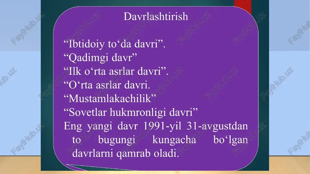 g beshta ustuvor yo‘nalishlari bo‘yicha harakatlar strategiyasi, yangi o‘zbekistonning 2022–2026-yillarga mo‘ljallangan taraqqiyot strategiyasi va 2023-yil 11-sentabrda qabul qilingan “o‘zbekiston – 2030” strategiyasi. xx asrning so‘nggi yillari va xxi asrning boshida o‘zbekiston tarixi uchun butunlay yangi sahifa ochildi. u tarixiy davr sifatida tub burilish hodisasini boshlab berdi. o‘zbekistonning sovet tuzimi sharoitidagi oxirgi yillari va mustaqil taraqqiyot davri xalqimizning bir necha ming yillik tarixida o‘zining mazmuni, mohiyati, jarayonlarining tezkorligi, voqea-hodisalarning shiddatliligi bilan alohida ajralib turadi. hamma oʻz tarixini ulugʻlaydi. lekin bizning mamlakatimizdagidek boy tarix, bobolarimizdek buyuk allomalar hech qayerda yoʻq. bu merosni chuqur oʻrganishimiz, xalqimizga, dunyoga yetkaza bilishimiz kerak. shavkat mirziyoyev fanni o’rganishning nazariy-uslubiy asoslari. o’zbekiston respublikasi konstitutsiyasi qonunlar, qarorlar, farmon va farmoyishlar prezident sh. mirziyoyev nuqtn va ma’ruzalari birinch prezident i.karimov asarlari darsliklar, mutaxasislar asarlari, ilmiy to’plamlar. o’zbekistonni yangi tarixini o’rganish jarayonida talaba tarixiy bilim tasavvur va tushuncha, mustaqil fikrlash qadriyatlarga sodiqlik “o’zbekistonning eng yangi tarixi" o’quv faninig maqsadi va predmeti …