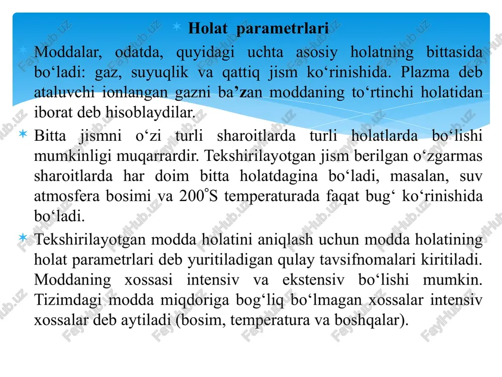 alikdir. p =const (1.4) 1 mol gaz uchun holat tenglamasi. gaz holati tenglamasining uchinchi shakli bir mol uchun yoziladi. shuni eslatib o‘tamizki, gazning molekulyar og‘irligiga son jixatdan teng bo‘lgan kilogrammlar miqdori mol, boshqacha aytganda kilogramm-molekula deyiladi yoki kilomol deb aytiladi. masalan kislorod (o2) kilomoli 32 kg ga, karbonat angidrid (co2) kilomoli 44 kg ga teng va hokazo. avagadro qonuniga ko‘ra bir xil temperatura va bosimdagi turli gazlarning teng hajmlarida molekulalar soni bir xil bo‘ladi. bu ta’rifga asoslanib, bir xil temperatura va bosimlarda olingan turli gaz mollarining hajmi o‘zaro teng deb xulosa chiqarish mumkin. agar –gazning solishtirma hajmi, –gazning molekulyar massasi bo‘lsa, u holda molyar hajmi  ga teng. ideal gazlar uchun: ѵ =const (1.12) etiboringiz uchun rahmat! image2.emf image3.emf image4.emf image5.emf image6.emf image7.emf sharl qonuni : hajm va massa o‘ zgarmas b o‘ lganda gaz b osimi absolyut temperaturalarning o‘ zgari sh iga t o‘g‘ ri propor ts ional ravi …