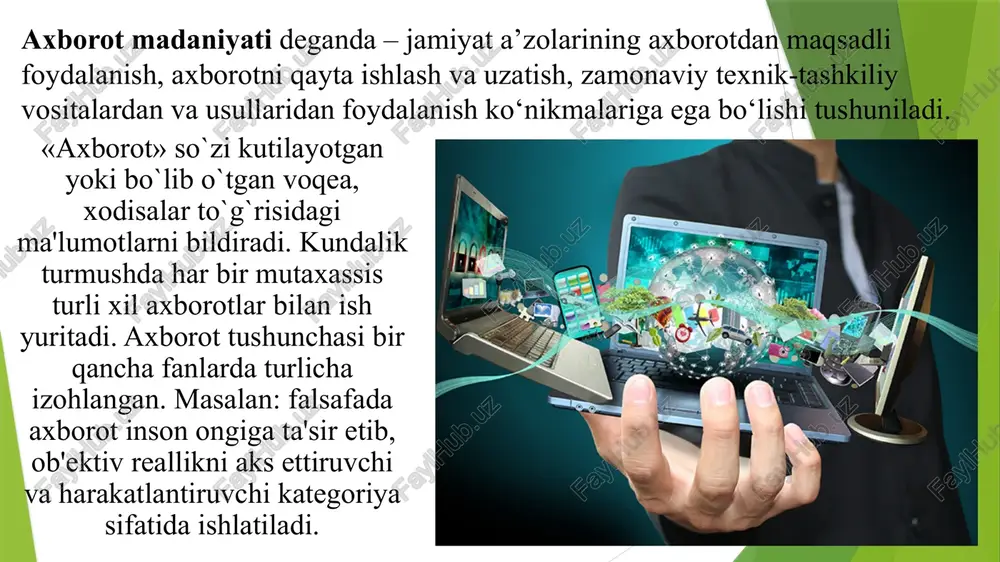 tda foyda olishga yo’naltirilgan korxonalardir aksariyat media foyda keltirishi kerak bo’lgan biznesdir. mulkchilik va nazorat qilish masalalari markaziy ahamiyatga ega bo’ladi: odamlarning nisbatan kam qismi biz ko’rayotgan, o’qigan va ommaviy axborot vositalarida eshitgan narsalarimizni nazorat qiladi. medialarga egalik qilish yanada ko’proq darajada jamlangan. dunyo yangiliklarining aksariyati bir nechta media korporatsiyalar tomonidan boshqariladi va cheklanadi. internet yaratuvchisi, dunyoni o’zgartirgan britaniyalik olim, uri, url, http, html ixtirochisi, butunjahon internet tarmog’idagi konsorsiumning hozirgi rahbari tim berners-li shunday deb yozadi: "google, microsoft, yahoo, apple, facebook... siz ularning mahsulotlaridan foydalanayapman deb o’ylayotganingizda, ular sizning ma’lumotlaringizdan foydalanadi, internetni o’zaro taqsimlaydi va tobora qattiqroq shartlarni belgilay boshlaydi." image1.jpg image2.jpg image3.jpg image4.jpg image5.jpg /docprops/thumbnail.jpeg