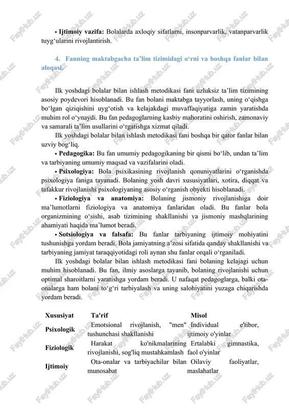 l rivojlanish: bolani jamiyatga tayyorlash, uning boshqalar bilan muloqot qilish, o‘z emotsiyalarini boshqarish va hamdardlik qilish ko‘nikmalarini shakllantirishni o‘z ichiga oladi. · estetik (ijodiy) rivojlanish: bolaning san’atga bo‘lgan qiziqishini uyg‘otish, musiqaga quloq solish, rasm chizish, loy ishlari va raqs orqali uning ijodiy salohiyatini yuzaga chiqarishga qaratilgan. · nazariy-metodik vazifa: tarbiyachilarni bolalar rivojlanishining ilmiy asoslari bilan tanishtirish. · amaliy vazifa: ta'lim-tarbiya jarayonini ilmiy asosda to‘g‘ri tashkil etishni o‘rgatish. · rivojlantiruvchi vazifa: bolada mustaqil bilim olishga bo‘lgan ehtiyojni va qiziqishni shakllantirish. · ijtimoiy vazifa: bolalarda axloqiy sifatlarni, insonparvarlik, vatanparvarlik tuyg‘ularini rivojlantirish. 4. fanning maktabgacha ta’lim tizimidagi o‘rni va boshqa fanlar bilan aloqasi. ilk yoshdagi bolalar bilan ishlash metodikasi fani uzluksiz ta’lim tizimining asosiy poydevori hisoblanadi. bu fan bolani maktabga tayyorlash, uning o‘qishga bo‘lgan qiziqishini uyg‘otish va kelajakdagi muvaffaqiyatiga zamin yaratishda muhim rol o‘ynaydi. bu fan pedagoglarning kasbiy mahoratini oshirish, zamonaviy va samarali ta’lim usullarini o‘rgatishga xizmat qiladi. ilk yoshdagi bolalar bilan ishlash …