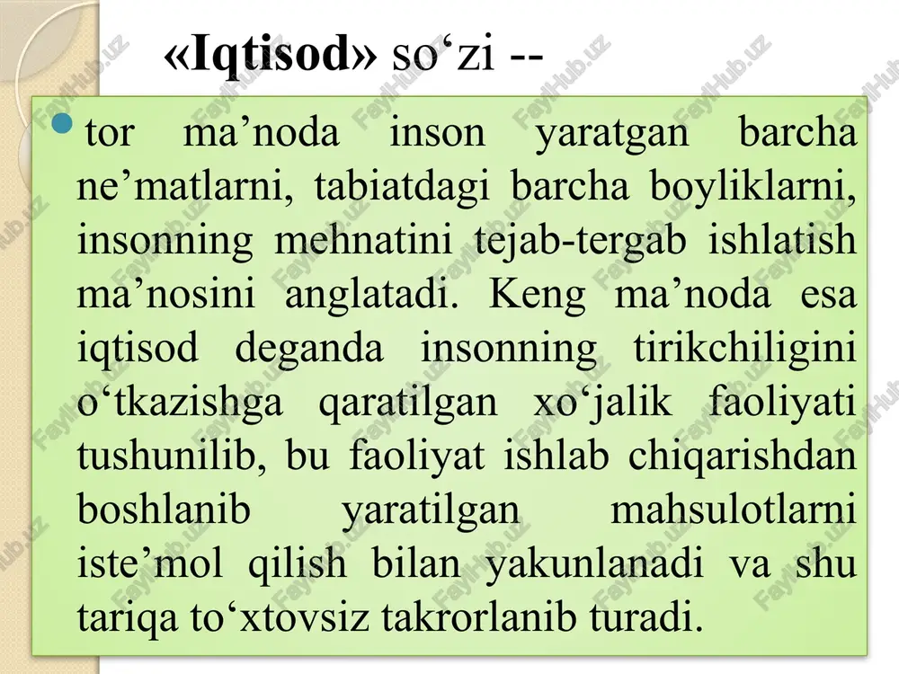 jamiyatdagi ijtimoiy-iqtisodiy tuzum; tabiiy-geografik sharoitlar; tarixiy-milliy an’analar va urf-odatlar; aholi sonining o’sishi, uning tarkibidagi o’zgarishlar; xalqaro, davlatlar, millatlar va mintaqalar o’rtasidagi aloqalar. 18 jamiyatda har bir ma’lum davrda ko’plab qondirilmagan ehtiyojlar bo’ladi. vaqt o’tishi bilan yangi buyumlarning paydo bo’lishi, keng reklamaning ta’siri va savdoning rag`batlantirishi natijasida ehtiyojlar o’zgaradi va ko’payib boradi. ehtiyojlarning miqdoran o’sib, sifat jihatidan takomillashib borishi ehtiyojlarning o’sib borishi qonuni deyiladi. 19 iqtisodiy bilimlarning vujudga kelishi va iqtisodiy fanlarning shakllanishi ming yillar osha bizga yetib kelgan qur’oni karimni, hadislarni, qobusnomani, bobokalonlarimiz abu ali ibn sino, abu nosir forobiy, abu rayxon beruniy, alisher navoiy, mirzo ulug‘bek asarlarida insonning yashashi uchun tabiat ehsonlari yetarli emasligi, shuning uchun ularni yaratish maqsadida mehnat qilish lozimligi boz-boz uqtirilgan. abu ali ibn sino «kapital» kategoriyasiga yondashuvlarning dastlabki manbalarini abu ali ibn sino (980-1037)ning asarlarida ko‘rish mumkin. u hayotning to‘qqizta omili: yer, havo, olov, insonning asab tizimi, «hayot sharbati», tana qismlari, qalb, kuch, aqliy faoliyatni …