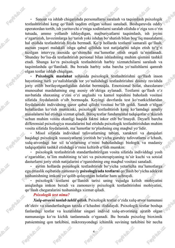 kamol toptirishni tanlashi uchun tavsiyalar ishlab chiqishda xizmat qiladi. 3.psixologik testlashtirish xususiyatlari psixologik testlashtirish psixologiyaning o‘ziga xos bir sohasi sifatida vujudga kelgan bo‘lib, unda maktab, tashkilot, harbiy xizmatga, kadrlarni ishga qabul qilinadigan nomzodlarni standartlashtirilgan testlardan foydalangan holda saralash imkonini beruvchi vositasi sifatida xizmat qiladi. bugungi kunda psixologik testlarni qo‘llash: · psixologik testlarni vazifasi har bir sharoitlarda individ yoki individlar o‘rtasidagi tafovutlarni o‘lchashga xizmat qiladi. bu borada qo‘llanilgan ilk testlar aqliy taraqqiyotdan ortda qolish masalalariga bag‘ishlab ishlab chiqilgandir. · testlarni klinik maqsadlarda foydalanish xulq-atvorida og‘ishi bor, xulqdagi o‘zgarishlar va huquq buzarlikka moyil insonlarni tekshirishga yo‘naltirilgandir. · testlarni jadal rivojlanishining bir yo‘nalishi ta’limda vujudga kelgan bo‘lib, har bir ta’lim muassasalarida bolalarning iqtidor va qobiliyatiga ko‘ra saralab o‘qitish uchun mo‘ljallanganligi, ta’lim jarayonida o‘zlashtirmaslikni sabablarini aniqlash, o‘rta maktab va kasb-hunar ta’lim muassasalari o‘qituvchilarining kasb-hunar tanlash maslahatlarini tashkil etishda, kasb-hunar va boshqa ta’lim muassasalari uchun saralashlarning amalga oshirilishi ta’limda testlarning qo‘llashning o‘ziga xos xususiyati hisoblanadi. …