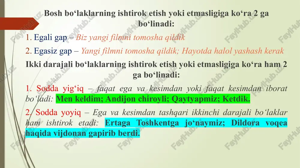 surat chizib bering. (p.oodirov). bolalar tezroq olib chiqilsin!.. (p.oodirov). professor jamolov senga ham ota, ham ustozlik qiladi, o'g'lim... gapidan chiqma. (j.abdullaxonov.). sen darsingga o 'tir, qizim , - buyruq qildi i yulduzga. - sen qunduz. temirjonga darrandayu parrandalaringni ko'rsat. iltimos, yalinish, istak masalan: oshiqmang. bo'ladi. faqat iltimos qilamanki, bo'tam, buni hozircha zinhor-bazinhor sir tuting. zero, nifoq solguvchilar paydo bo'lib. biror ishkallikni o'ylab topmasinlar. institutimiz rahnamolari bu maqsadga uncha ro'yixushlik bermayotganlarini unutmang. (j.abdullaxonov). maslahat. masalan: fanda kashf qilishdan buyuk narsa yo'q. toylog'im,- deb qoldi professor, - siz ham faoliyatingizni kashf qilishdan boshlang. (j.abdullaxonov) keling, institutda olgan nazariy bilimingizni amaliyot bilan bog'lash imkoniga ega bo'ling avval. (j.abdullaxonov). buyruq gapning ko'pgina ma’nolari intonatsiya orqali anglashiladi. buyruq gapni shakllantirishda quyidagi vositalar xizmat qiladi: 1) buyruq intonatsiyasi, 2) ko'pincha buyruq maylidagi fe’l bilan ifodalangan kesimi, 3) gapga buyruq jilvani qo'shadigan maxsus so'zlar (keling. kel. yaxshisi, iloji bo'lsa va boshqalar). buyruq gap kesimning ifodalanish usuliga ko'ra …