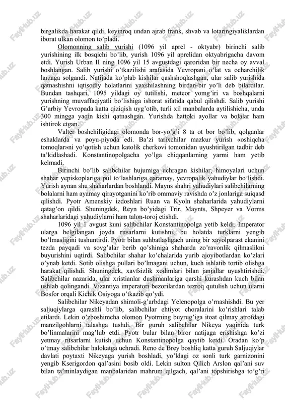 2 yili saljuqiy sulton malikshoh, vazir nizomulmulk, 1094 yili bagʼdodda al-muqtadiy va fotimiy al-mustansir vafot etdi. bu voqealardan soʼng misrda taxt uchun kurash, saljuqiylar davlatida ayirmachilik harakatlari avj oldi, suriyada oʼzaro urushuvchi mayda davlatlar vujudga keldi. yurish boshlangach, vizantiyaga yordam berish ikkinchi darajali masalaga aylandi. urban istilo qilinajak oʼlkalar aholisini qatl etish va talashga ruxsat berdi. uning fikricha, qurbonlar dinsiz hisoblanardi. ispaniyadagi rekonkista harakati, sitsiliyaning normanlar tomonidan bosib olinishi va shimoliy afrika qirgʼoqlariga bosqin uyushtirishi gʼarbiy yevropaning xi asrdagi tashqi siyosatini belgilab berardi. birinchi boʼlib quddusni turklardan tortib olish gʼoyasini rim papasi grigoriy vii ilgari surdi va yurishni oʼzi boshqarishni xohladi. uning chaqiruviga 50 mingga yaqin kishi quloq osdi. lekin germaniya imperatori bilan kurash papaning gʼoyalarini amalga oshirishga toʼsqinlik qildi. grigoriydan keyingi papa viktor iii oʼtmishdoshining gʼoyasini davom ettirib salibchilar gunohini kechishini maʼlum qildi, biroq yurishda oʼzi qatnashmasligini taʼkidladi. musulmonlarning dengizdan boʼladigan bosqinlaridan aziyat chekayotgan piza, genuya va italiyaning boshqa …