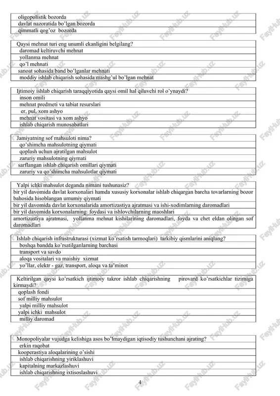 uli qaysi? tovar sifatni yaxshilash bahoni manipulyastiya qilish tovarga ishonchni oshirish reklama qilish va “pablik releyshnz” sanoat josusligi. bozorga yangi firmalarning kirib kelishi qaysi bozorda juda cheklangan? monopolistik bozorda. sof raqobat bozorida oligopolistik bozorda davlat nazoratida bo’lgan bozorda qimmatli qog’oz bozorda qaysi mehnat turi eng unumli ekanligini belgilang? daromad keltiruvchi mehnat yollanma mehnat qo’l mehnati sanoat sohasida band bo’lganlar mehnati moddiy ishlab chiqarish sohasida mashg’ul bo’lgan mehnat ijtimoiy ishlab chiqarish taraqqiyotida qaysi omil hal qiluvchi rol o’ynaydi? inson omili mehnat predmeti va tabiat resurslari er, pul, xom ashyo mehnat vositasi va xom ashyo ishlab chiqarish munosabatlari jamiyatning sof mahsuloti nima? qo’shimcha mahsulotning qiymati qoplash uchun ajratilgan mahsulot zaruriy mahsulotning qiymati sarflangan ishlab chiqarish omillari qiymati zaruriy va qo’shimcha mahsulotlar qiymati yalpi ichki mahsulot deganda nimani tushunasiz? bir yil davomida davlat korxonalari hamda xususiy korxonalar ishlab chiqargan barcha tovarlarning bozor bahosida hisoblangan umumiy qiymati bir yil davomida davlat korxonalarida amortizastiya ajratmasi …