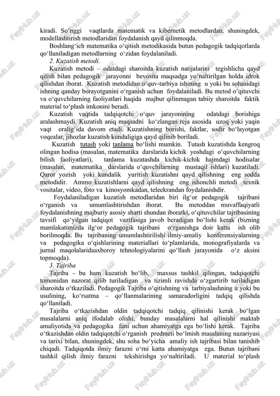 ifodalangan matematik fikrni ona tiliga ko‘chirishga o‘rgatishdan iborat bo‘lmog‘i kerak. bilishga intilish, mustaqil ishdan qanoat hosil qilish tuyg‘ularini tarbiyalashi kerak. matematika fanini o‘qitishning o‘zi o‘quvchilarda diqqat va fikrni to‘play bilishni tarbiyalaydi. o‘qituvchi quyidagilarni ta’minlashi kerak: a) o‘quvchi moddiy olamdagi bog‘lanishlarni, miqdorlarning o‘zgarishini, bir-biri bilan aloqasini anglay olishi; b) o‘quvchilarning matematikani o‘rganishga astoydil qiziqishini ta’minlash; d) mehnatga, vatanga insonlarga bo‘lgan munosabatini tarbiyalash, estetik did hosil qilish; g) o‘zbek millatining tarixi, jumladan, matematika o‘qitilishi tarixiga bo‘lgan dunyoqarashni tarbiyalash; d) o‘quvchilarning fikrlash qobiliyatini va matematik madaniyatini tarbiyalash; 3. amaliy maqsad. matematika o‘qitishdan kuzatilgan amaliy maqsad – o‘quvchilar olgan bilimlarni, amalda qo‘llay olishga o‘rgatishdan iborat. olingan bilimlarni sonlar va matematik ifodalar, nuqtalar ustida bajariladigan amallarga tatbiq qila bilish, har xil masalalarni yechishda foydalana bilishga o‘rgatish. bu bilimlarni kundalik hayotda uchraydigan masalalarni hal qilishga qo‘llay bilishga o‘rgatishdir. o‘qitish metodi tushunchasi didaktika va metodikaning asosiy tushunchalaridan biri. shunday qilib o‘qitish metodlari o‘zlashtirish, tarbiyalash va rivojlanish kabi …