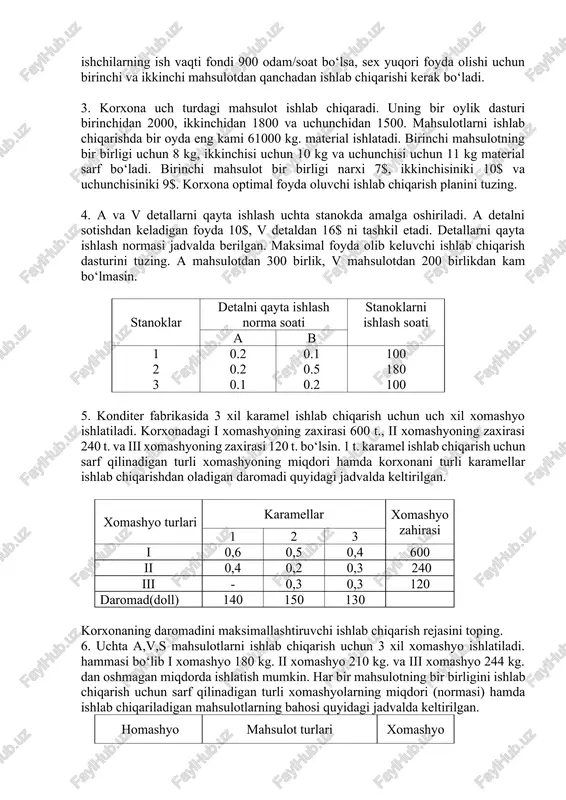 anday? amaliy mashg‘ulot uchun misollar quyidagi masalalarning matematik modellarini tuzing. 1. ikkita xil tovarni (a va v) sotishda savdo korxonasi uch xil resurs ishlatadi. bir birlik tovar uchun ketadigan resurslar hajmi jadvalda berilgan. bir birlik a tovardan keladigan foyda 2$, v tovardan keladigan foyda 3$. savdo korxonasiga maksimal foyda olib keluvchi, tovarlar sotilishining optimal rejasini aniqlang. resurslar bir birlik tavarga ketadigan resurs normasi resurslar hajmi a v 1 2 3 4 2 1 4 0 2 2 0 4 12 8 16 12 2. sex ikki xil mahsulot ishlab chiqaradi. birinchi mahsulotning bir birligini tayyorlash uchun ishchi 2 soat, ikkinchisining bir birligini tayyorlash uchun 3 soat sarflaydi. bir birlik birinchi mahsulotni sotishdan korxona 8$, ikkinchisining bir birligidan 6$ foyda ko‘radi. sex birinchi mahsulotdan 100 dan, ikkinchisidan esa 200 dan kam bo‘lmagan sonda chiqarishi lozim. agar ishlab chiqaruvchi ishchilarning ish vaqti fondi 900 odam/soat bo‘lsa, sex yuqori foyda olishi uchun birinchi …