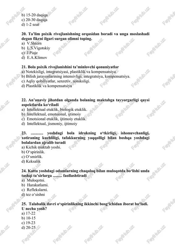 n muloqotda bo‘lishi unda tashqi ta’sirlarga ......... faollashtiradi a) muloqotni. b) harakatlarni. c) reflekslarni. d) tez o‘sishni 25. talabalik davri o‘spirinlikning ikkinchi bosg‘ichidan iborat bo‘ladi. u necha yosh? a) 17-22 b) 10-15 c) 19-23 d) 20-25