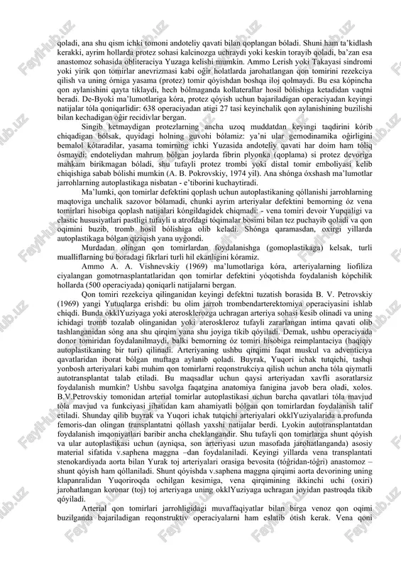 proq bόladi. mushak tόqimasi kam taraqqiy etgan yoki umuman mushksiz sohalarda qon aylanishining buzilishi oĝir oqibatlarga olib kelishi mumkin (masalan, tizza osti arteriyasi boĝlanganida yoki jarohatlanganida). nima uchun qόltiq osti arteriyasi yoki son arteriyasi okkluyziyaga uchraganda kόpincha qόl yoki oyoq όlmaydi? buni faqatgina asosiy arteriyaning okklyuziyaga uchragan sathidan yuqori va plastki qismlaridagi tarmoqlar orasida anastomozlar mavjudligi bilan tushuntirish mumkin. bunda oyoq yoki qόlning periferik qismida qon tiklash uchun asosiy rolni okklyuziyadan yuqoridagi qon tomirlari όynaydi, chunki qon ushbu tomirlardan oyoq yoki qόlning qoni qochgan (ishemiyaga uchragan) pastki passiv qismiga oqadi. shuni ham esda tutish kerakki, kollateral qon aylanishining mavjudligi hamisha ham ularning funkcional imqoniyatlariga mos kelmaydi, ya’ni kollateral qon tomirlari har doim ham tόliq ishlamaydi, chunki ularning asosiy tomir tiqilib qolganidan yoki boĝlanganidan keyin funkciyasi kuchaymasligi ham mumkin. bu borada periferik nerv sistemasi muhim ahamiyatga molikdir. shunaqa hollar ham bόladiki, kollateral qon tomirlari taraqqiy etganligiga qaramasdan ular juda sust ishlaydi, …