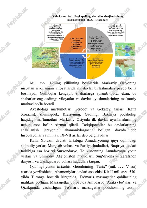 tganlarini ham qayd etib o‘tadi. a.boqiyev bronza davrini “qadimgi baqtriya sivilizatsiyasi”, rossiyalik olimlar v.m. masson va v.i. sarianidi “qadimgi marg‘iyona sivilizatsiyasi”, amerikalik professor k.lamberg-karlovski va o‘zbek arxeologi sh.shaydullayev “oks sivilizatsiyasi”, italiyalik professor m.tosi va o‘zbek arxeologi t.shirinov o‘z asarlarida “turon sivilizatsiyasi” iboralarini ishlatganlar. mil. avv. 1-ming yillikning boshlarida markaziy osiyoning nisbatan rivojlangan viloyatlarida ilk davlat birlashmalari paydo bo’la boshlaydi. qishloqlar kengayib shaharlarga aylanib borar ekan, bu shaharlar eng qadimgi viloyatlar va davlat uyushmalarining ma’muriy markazi bo’la boradi. avestodagi ma’lumotlar, gerodot va gekatey asrlari (katta xorazm), shuningdek, ktesiyning, qadimgi baktriya podsholigi haqidagi ma’lumotlari markaziy osiyoda ilk davlat uyushmalarining uchun asos bo’lib xizmat qiladi. tadqiqotchilar bu davlatlarining shakllanish jarayonini ahamoniylargacha bo’lgan davrda deb hisoblaydilar va mil. av. ix-vii asrlar deb belgilaydilar. katta xorazm davlati tarkibiga amudaryoning quyi oqimidagi shimoliy yerlar, murg‘ob vohasi va parfiya hududlari, baqtriya davlati tarkibiga esa hozirgi surxondaryo, tojikistonning amudaryoga yaqin yerlari va shimoliy afg‘oniston hududlari, sug‘diyona – zarafshon …