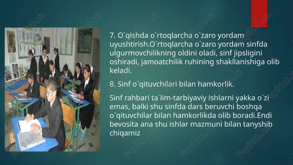 abda, balki o`quvchining kelgusi hayotida ham asqotishi turgan gap. chunki, inson hayotining chigal va murakkab so`qmoqlarida ham tartib – intizom muhim ahamiyatga ega.bugunning dolzarb muammolaridan biri ta`lim tizimi sifatini yaxshilash. foydalanilgan adabiyotlar: 1.r.a.mavlonova, b.normurodova. “tarbiyaviy ishlar metodikasi”. o`quv qo`llanma. toshkent, “fan” 2008 yil. 2.r.a.mavlonova, o.t.to`rayev, o.xasanboyeva, k.m.xoliqberdiyev. “pedagogika” t., “o`qituvchi” – 1998 yil. 3.r.a.mavlonova, “tarbiyaviy ishlar metodikasi”. o`quv qo`llanma. t. 2010 yil 4.ijtimoiy tarmoq saytlari. e’tiboringiz uchun!!! rahmat image6.png image7.jpg image8.jpg image9.jpg image10.jpg image2.png image3.png image4.png image5.png