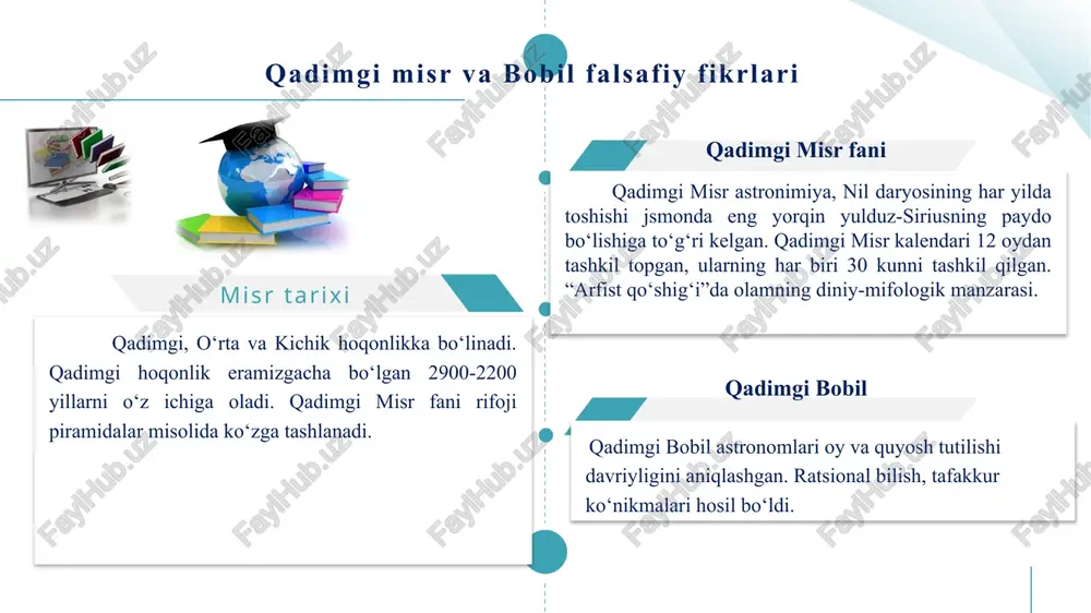 i. uning asoschisi lao-szi, birinchi xitoy faylasufidir. uning ta’limotiga ko‘ra, olam, jamiyat va inson hayoti dao qonuniga bo‘ysunmog‘i lozim. 01 02 03 04 qadimgi xitoy falsafasi: daosizmga binoan, dunyodagi hamma narsa bir holatdan ikkinchi holatga o‘tib turadi. qaramaqarshi kuchlar o‘rtasidagi kurash, ya’ni in va yan orasidagi munosabat — bizni o‘rab turgan olamni harakatga keltiruvchi kuchlar manbaidir. in va yan o‘rtasidagi kurash daoni anglatadi. konfutsiyning axloqiy ta’limoti ham muhim o‘rin tutgan. u o‘zinig falsafiy qarashlarida kishilarni tarbiyalash masalasiga katta e’tibor qaratadi. odamlar o‘z tabiyatiga ko‘ra bir-biriga o‘xshashdirlar, faqat ular o‘z tarbiyalariga ko‘ra bir-birlaridan farq qiladilar. konfutsiy o‘zi uchun, avlodlari, yaqin shogirdlari uchun alohida ajratilgan qabristonga dafn etilgan; uning uyi konfutsiy ibodatxonasiga aylantirilgan, bu joy ziyoratgoh bo‘lib qolgan. xitoy faylasufi, konfutsiychilik asoschisi va siyosiy arbob bo‘lgan. uning saboqlari va faylasufligi xitoy, koreya, yaponiya va vetnam halqlarining o‘y-fikri va hayotiga chuqur ta’sir ko‘rsatgan. 01 02 03 04 konfutsiy (er.avval 551-479 yillar) bu tushuncha …