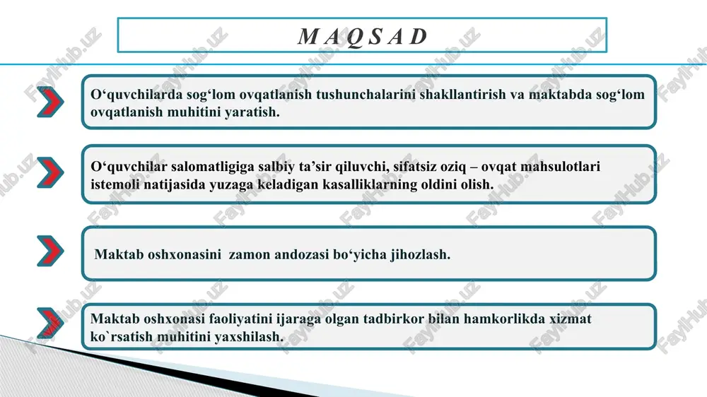azish. maktabda 10-11 sinf o‘quvchi qizlarni kasb-hunarga yo‘naltirish maqsadida “pazandachilik” to‘garaklarini tashkil qilish. 2 1 3 chora-tadbir namunasi t/r muammo amalga oshirish mexanizmi mas’ullar muddati natija 1 ijtimoiy himoyaga muhtoj o‘quvchilarning issiq ovqat istemoli imkoniyatining yo‘qligi maktabda ijtimoiy himoya muhtoj kam ta’minlangan oila farzandlari ro‘yxatini shakllantirish, bir mahal issiq ovqat ta’minlash rejalar ishlab chiqish maktab direktori va mas’ul xodimlar doimiy ravishda ijtimoiy himoyaga muhtoj o‘quvchilarning issiq ovqat bilan ta’minlanishiga erishiladi 2 maktab hududida xodimlar va o‘quvchilar uchun sog‘lom ovqatlanish sharoitini yaratish maktab oshxonasidagi mavjud muammolarni mukammal o‘rganib chiqish muammolarni tahlil qilish (maktab tomonidan hal qilinishi mumkin yoki yuqori tashkilotlar yordami bilan hal qilinish holati) maktab direktori domiy ravishda muommoni bartaraf etishda atrof muhitdagi mavjud imkoniyatladan foydalanish o‘z-o‘zidan shakllanadi 3 maktab oshxonasini yurutishda munosib tadbirkorga erishish maktab oshxonasini autsorting xizmatlariga berish, foydali lohiyalar dasturi asosida ta’mirga kiritishga erishish soha mutaxsislari, maktab direktori, xibd o‘rinbosari o‘quv yili davomida bir yilda bir marta …