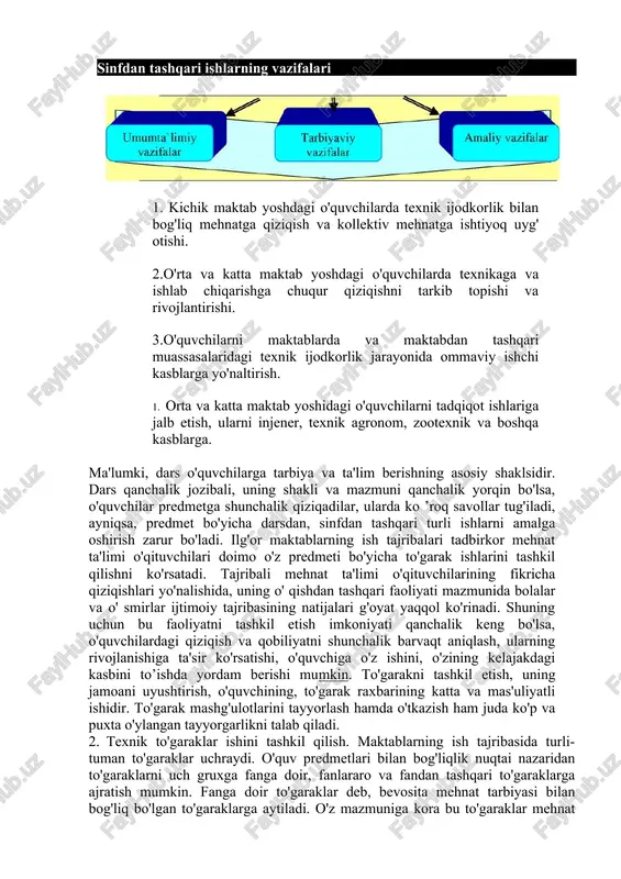 giga qaratishlari sababli dastlabki yillardayoq yosh tabiatshunoslar va texniklar ommaviy harakati vujudga keldi va tez rivojlandi. tashkilotlar tashabbuslari bilan maktablardan tashqarida harakteri hamda tashkiliy strukturasi jixatdan har hil bolalar birlashmalari, klublar, maydonchalar, sektsiyalar vujudga kela boshladi va bu birlashmalarning asosiy maqsadi bolalar va o' smirlarning tashkiliy faoliyati orqali ularni tarbiyalashning ijtimoiy-siyosiy yo'nalishini ta'minlashdan iborat. o'quvchilarning o'qishdan tashqari vaqti ular hayotida katta o'rin tutadi. shu sababli bu vaqtni to'g'ri tashkil etishda, undan dam olish uchun, qiziqqan ishlari bilan shug'ullanishi uchun, sayr tomosha uchun oqilona foydalanishda ularga yordam berish zarur. barcha shakllardagi sinfdan va maktabdan tashqari ishlarning chuqur ichki mohiyati o'quvchilarni ijtimoiy foydali faoliyatga aktiv jalb qilish, ularning tashabbusi bilan mustaqilligini rag'batlantirish, individual qiziqishlari, mayl va qobiliyatlarini rivojlantirishdan iboratdir. o'quvchilarning o'qishdan tashqari ishlariga pedagogik rahbarlikning xususiyati ularga faqat dars mashg'ulotlarida emas, balki boshqa ijtimoiy tashkilotlar orqali, sinfdan va maktabdan tashqari har hil tadbirlar orqali, o'quvchilarni texnik ijodkorlikka bevosita jalb etish orkali ham …