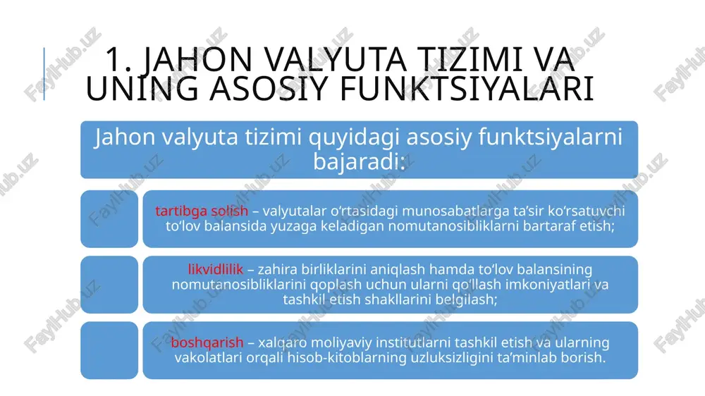nuv kurslari o‘rnatildi; markaziy banklar milliy valyutalarning asosiy valyutaga nisbatan barqaror kursini (±1%) valyuta interventsiyalari yordamida saqlab turishdi; valyuta kurslarini revalvatsiya yoki devalvatsiya orqali o‘zgartirish mumkin edi; tizimning tashkiliy bo‘g‘inlari sifatida xalqaro valyuta fondi va xalqaro tiklanish va taraqqiyot banki tashkil etildi. yamayka valyuta tizimi yamayka valyuta tizimi – zamonaviy jahon valyuta tizimi bo‘lib, alohida mamlakatlarning valyuta tizimlariga emas, balki huquqiy mustahkamlangan davlatlararo tamoyillarga asoslangandir. yamayka valyuta tizimining o‘ziga xos xususiyati erkin suzib yuruvchi valyuta kurslarini joriy etilishi bo‘ldi. mazkur tizimga muvofiq valyuta munosabatlari quyidagi tamoyillarga asoslangan holda amalga oshirilishi lozim: oltin andozasi tizimi rasman bekor qilindi; oltin demonetizatsiyasi belgilandi, uning jahon puli funktsiyasi bekor qilindi; valyutani oltinga bog‘lovchi oltin paritetlari taqiqlandi; markaziy banklarga bozor bahosi bo‘yicha oltinni oddiy tovar sifatida sotish va sotib olishga ruxsat etildi; sdr (special drawing rights) standarti joriy etildi, undan jahon puli sifatida, shuningdek, valyuta almashinuv kurslarini o‘rnatish hamda rasmiy aktivlarni baholashda foydalanish ko‘zda tutildi. …