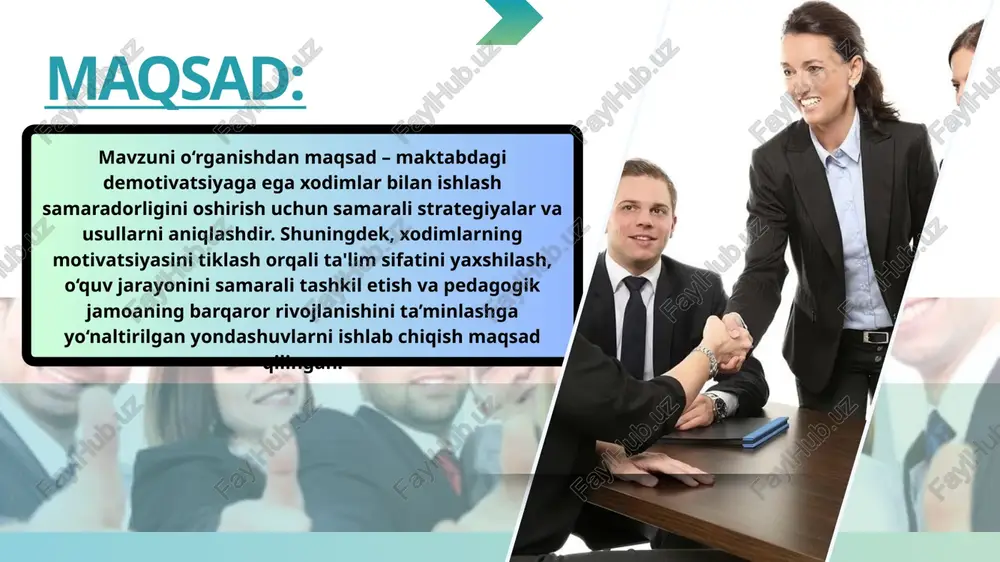 n. maktab rahbarlari har bir o`qituvchi va xodimlar bilan individual ishlashi kerak 2 jamoadagi xodimlarda o`zaro ruhiy va kasbiy e`tiborsizlikning mavjudligi janubiy koreyada o‘qituvchilarga psixologik yordam va stressni boshqarish bo‘yicha treninglar taqdim etiladi. o‘qituvchilarga ish sharoitlarini yaxshilash va psixologik yordam ko‘rsatish tizimini joriy etish. 3 o‘qituvchilarni motivatsiyalash tizimi yetarli darajada rivojlanmagan. turkiyada o‘qituvchilar yillik muvaffaqiyatlari uchun mukofotlanadi. o‘qituvchilarni mukofotlash va rag‘batlantirish tizimini rivojlantirish. 4 jamoaviy ish va hamkorlik muammolari mavjud. turkiyada jamoaviy ishlashga e’tibor qaratilgan. maktablarda jamoa ishini yaxshilash va hamkorlik muhitini rivojlantirishga e’tibor qaratish. 5 innovatsion o‘qitish usullari cheklangan darajada qo‘llaniladi. janubiy koreyada yangi pedagogik yondashuvlar joriy etilgan. o‘qituvchilarni innovatsion pedagogik yondashuvlar bilan tanishtirish va ularni qo‘llashni rag‘batlantirish. 6 o‘qituvchilarning fikr va takliflarini hisobga olish jarayoni zaif. turkiya va koreyada o‘qituvchilarning fikrlarini e’tiborga olish tizimi mavjud. o‘qituvchilar va xodimlarning fikrlarini yig‘ish va ularni qaror qabul qilish jarayonida hisobga olish. qiyosiy tahlil etilganligi: maktabda demotivatsiyaga ega xodimlar bilan ishlash samaradorligini …