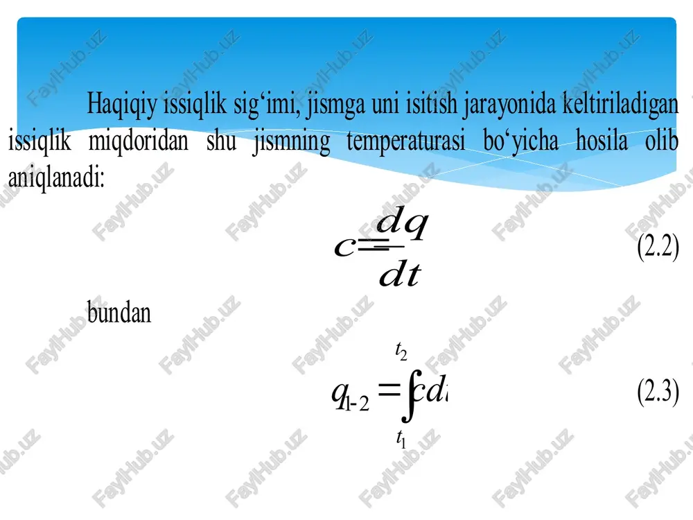 mperaturasi b o‘ yi ch a hosila olib aniql a nadi : dt dq s  ( 2.2 ) bundan    2 1 2 1 t t cdt q ( 2.3 ) massaviy , mol ya r va ha jmiy issiqlik si g‘ imi termodinamikada issiqlik si g‘ imi massaviy , mol ya r va hajmiy i s siqlik si g‘ imlariga ajratiladi . moddaning massasi birligining temperaturasini 1  s ga o‘ zgartiri sh u ch un zarur b o‘ lgan issiqlik miqdori massaviy issiqlik si g‘ imi deb ayt i l adi : (2.4) ] [ 1 grad kg j t q m s       moddaning hajm birligiga keltirilgan issiqlik si g‘ imi hajmiy i s siqlik si g‘ imi deb aytiladi : ] [ 1 3 1 grad m j t q v s      ( …