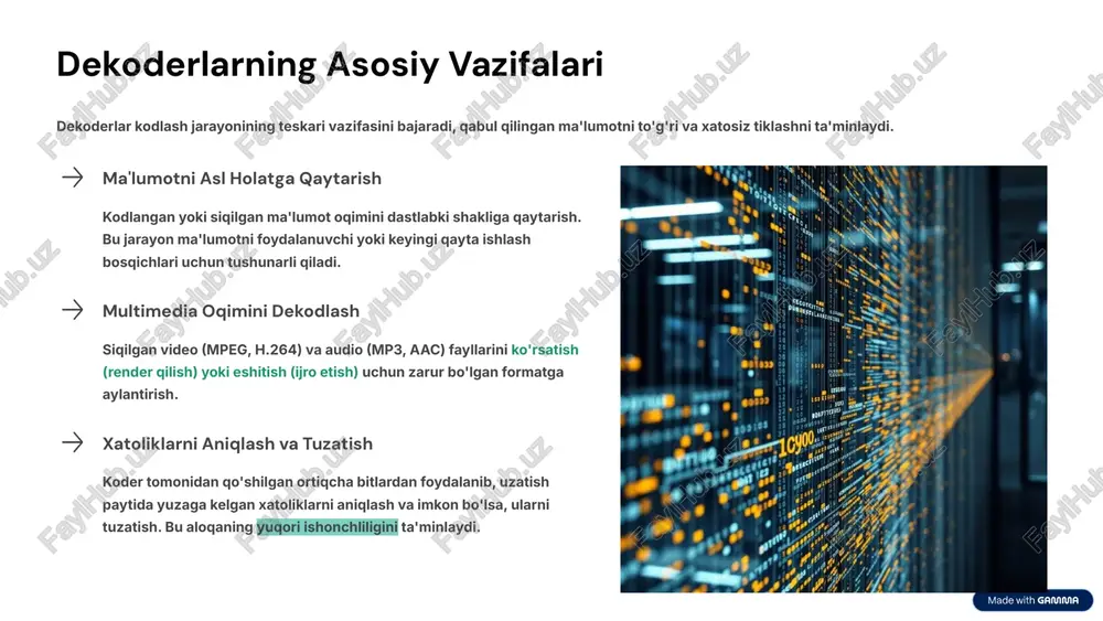 edia ilovalarida koder va dekoderlar ma'lumotni siqish va qayta tiklash jarayonida tasvir va ovoz sifatini optimallashtiradi. zamonaviy texnologiyalar asosi ular faqat aloqa uchun emas, balki kriptografiya, avtomobillarning o'z-o'zini boshqarish tizimlari va ai kabi yangi sohalarning ajralmas qismidir. 9 xulosa: koder va dekoderlar – raqamli dunyoning yuragi koder va dekoderlar texnologiyaning ko'rinmas qahramonlari bo'lib, bizning raqamli tajribamizni shakllantiradi. kodlash - uzatishning samarali va ishonchli boshlanishi, dekodlash - qabul qilishning yakuniy va sifatli tasdig'idir. asosiy qism ular ma'lumot almashinuvi va saqlashning ajralmas qismi bo'lib, samaradorlikni oshiradi. tushunish muhimligi ularning turlari va vazifalarini tushunish zamonaviy kommunikatsiya tizimlarini samarali loyihalashga yordam beradi. kelajak rivoji kelajakda 5g, 6g va murakkab ai modellari bilan ularning roli yanada kengayib, yangi texnologiyalarni rivojlantiradi. 10 image-1002-1.png image-1-1.png image-1003-1.png image-2-1.png image-2-2.svg image-2-3.png image-2-4.svg image-1004-1.png image-3-1.png image-1005-1.png image-4-1.png image-4-2.svg image-4-3.png image-4-4.svg image-4-5.png image-4-6.svg image-4-7.png image-1006-1.png image-5-1.png image-5-2.svg image-5-3.png image-5-4.svg image-5-5.png image-5-6.svg image-5-7.png image-5-8.svg image-1007-1.png image-6-1.png image-6-2.png image-6-3.png image-1008-1.png image-1009-1.png image-8-1.png image-8-2.svg …