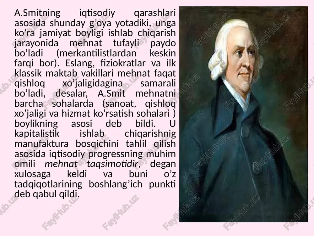 o’ra , shahsiy manfaatlar tufayli savdo va almashuv jarayoni amalga oshadihozirgi davrda barchaga yaxshi ma’lum bo’lgan «ko’rinmas qo’l» iborasi bilan birga «iqtisodiy odam» tushunchasi ham kiritildi. unga ko’ra , shahsiy manfaatlar tufayli savdo va almashuv jarayoni amalga oshadi iqtisodiy rivojlanishning shahsiy manfaat va stixiyali qonunlarning o’zaro nihoyatda samarali harakati sharoitlarini a.smit «tabiiy tartib» deb atagan. a.smit va uning izdoshlari bu tushuncha bir tomondan iqtisodiy siyosatning tamoyili va maqsadi bo’lsa, ikkinchi tomondan bu iqtisodiy harakatni o’rganish uchun nazariy konstrukstiya yoki modeldir. jamiyatga naf keltiruvchi faoliyatni biror harakat bilan cheklamaslik kerak, degan xulosa chiqariladi. bu tamoyilga ko’ra adam smit tomonidan quyidagilar taklif etiladi: 1. ishchi kuchining erkin harakati; 2. savdoda (yer savdosida ham) to’la erkinlik; sanoat va ichki savdoni hukumat tomonidan reglamentastiya qilishga qat’iy qarshilik; erkin tashqi savdo (protekstionizmga qarshi). 13 jamiyatning iqtisodiy rivojlanishi va uning moddiy-turmush darajasini oshirish muammolari a.smit tadqiqotining predmetini tashkil etadi. qanday shart-sharoitlar va qanday qilib insonlar yuqoriroq …