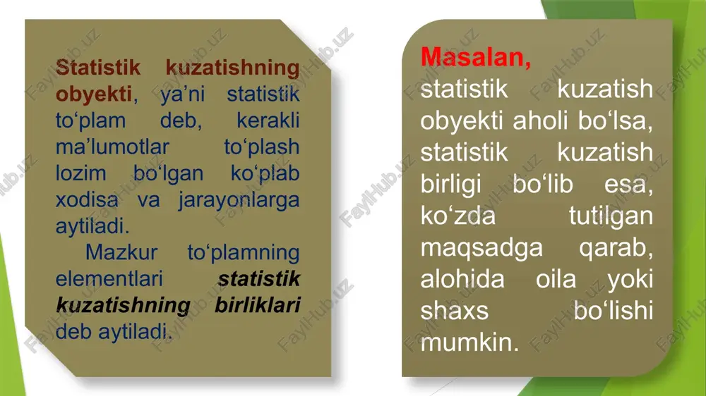 ilinadigan aniq chegara miqdori (oralig’i)dir. masalan, aholi ro’yxati o’tkazilayotgan bo’lsa, biz aniq belgilab olishimiz kerak, qaysi aholini ro’yxatga olmoqchimiz: mavjud aholinimi? yoki doimiy aholinimi? tijorat korxonalarini ro’yxatga olish uchun, oldin aniq bilishimiz kerak, qaysi korxonalar tijorat korxonalari bo’lib hisoblanadi? kuzatish birligi – bu hisob asosi yoki kuzatishda qayd qilish belgisiga ega bo’lgan birlikdir. kuzatish birligi bo’lib, aholi ro’yxatida har bir shaxs, korxonalar ro’yxatida har bir korxona hisoblanadi. kuzatish formulyari – bu berilgan savollarga olingan javoblar to’ldirilgan hujjat. u ikki xil bo’ladi: a) alohida shakldagi formulyar. unga tijorat korxonasining yillik hisobotini misol keltirish mumkin. b) ro’yxat shaklidagi formulyar. unda bitta emas, balki bir nechta hisob birliklari haqida ma’lumot keltiriladi. yo’riqnoma - bu statistik kuzatish dasturidagi barcha savollarga to’g’ri, aniq va bir xilda javob qaytarishni ta’minlaydigan ko’rsatmalar, tushuntirish va talqinlar to’plami. kuzatish organi - bu har qanday statistik kuzatishni bevosita tashkil qiladigan va o’tkazadigan tashkilotdir. aholi ro’yxatini o’tkazishda, sobiq ittifoq paytida, faqatgina …