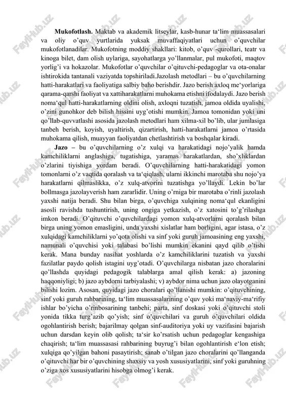 chun tarbiyalanuvchilarning rivojlanganlik darajasini hisobga olish tarbiya metodlaridan samarali foydalanishning muhim shartlari hisoblanadi. oʻquvchilar u yoki bu tarbiyaviy ta’sirga turlicha munosabatda boʻladi. bu ularning alohida xususiyatlariga, tarbiyalanganlik darajasiga, tarbiya metodlarining qay darajada oʻrinli va samarali tanlanganligiga hamda mohirona qoʻllanganiga bogʻliq. tarbiya metodlarini toʻgʻri tanlash tarbiya vazifalarini ijobiy hal qilishda oʻquvchilarning oʻz-oʻzini tarbiyalash faolligini oshirishga yordam beradi. masalan, oʻqituvchi birinchi sinf oʻquvchilari bilan ishlash jarayonida oʻquvchilarni ular uchun yangi boʻlgan mehnat faoliyatini oʻrgatishda oʻquvchilarning xulq-atvor qoidalarini, ularda kun tartibi aniq boʻlishi muhimligini, ularga oʻquvchilarning qat’iy tartibga amal qilishi zarurligini tushuntirish metodidan foydalanadi. tushuntirish bilan bir qatorda sinfga toʻgʻri kirib kelishga, ularni oʻqituvchi va oʻquvchilar bilan salomlashishga, tartib-intizomni saqlashga mashq qildirib boradi. shuning bilan birgalikda birinchi sinf oʻquvchilarini yuqoridagi jarayonlarga dars vaqtida odatlantirib boradi. bu jarayonda ularning amalga oshirgan ijobiy ishlari, oʻquv ishi natijalari ragʻbatlantirib borishni taqozo etadi. koʻrinib turibdiki, oʻqituvchi oʻquvchilar bilan tarbiya jarayonini olib borganda turli xil usul va metodlarni …