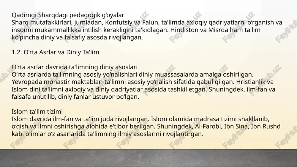 ngan ta'lim komenskiy ta'limda bolalarning psixologik rivojlanishini inobatga olishni juda muhim deb bilgan. u ta'lim jarayonida bolalarning aqliy va jismoniy rivojlanish bosqichlarini hisobga olib, o‘qishning qadam-baqadam amalga oshirilishini taklif qilgan. u bolaning yoshiga va psixologik rivojlanishiga mos keladigan o‘quv dasturlarini ishlab chiqqan. 4. barcha bolalar uchun ta'lim komenskiy, ta'limni faqat olimlar yoki oliy tabaqadan bo‘lganlarga emas, balki barcha ijtimoiy guruhlarga, shu jumladan, kambag‘al va kam ta’minlanganlarga ham taqdim etish zarurligini ta’kidlagan. u o‘zining "ta'limning boshlang‘ich qadamlari" asarida har bir bola uchun ta'limni imkoni boricha erkin va teng qilish g‘oyasini ilgari surgan. 2.2. komenskiyning ta'lim metodlari va usullari 1. ko‘rish orqali o‘rgatish (visuallik) komenskiy o‘rgatish jarayonini ko‘rish orqali amalga oshirishni afzal ko‘rgan. uning fikriga ko‘ra, o‘qituvchi faqat o‘quvchilarga so‘zlab berish bilan cheklanmasdan, amaliyot va ko‘rgazmalar orqali o‘rgatish kerak. bu usul, o‘quvchilarni faol ravishda o‘rganishga undaydi va ularning eslab qolish qobiliyatini oshiradi. komenskiy ta'limda amaliy va ko‘rgazmali metodlardan foydalanishni muhim deb bilgan. …