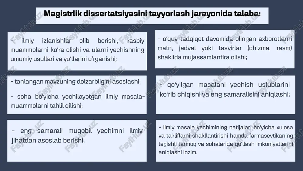 yalari turli tanlovlarda ishtirok etishi holatlarida undan nusxa ko‘chirilishi mumkin. dissertatsiya tarkibiy qismlari hamda ularni rasmiylashtirish yuzasidan qo‘yiladigan talablar institutda magistrlik dissertatsiyasini tayyorlash magistratura talabasining kalendar ish rejasi da belgilangan muddatlarda amalga oshiriladi. magistrlik dissertatsiyasining tarkibiy tuzilishi (loyiha rejasi) tegishli mutaxassislik kafedrasida muhokamasidan o‘tkaziladi. dissertatsiyaning tegishli bob va qismlari kesimida tadqiq etilayotgan muammo va uning nazariy-amaliy yechimlari manbalar asosida mantiqiy ketma-ketlikda asosli yoritilishi yakuniy xulosa va tavsiyalari mazmunining o‘zaro mantiqan yaxlitligini ta’minlashga qaratilishi muhim hisoblanadi. xususan, magistrlik dissertatsiyaning tarkibi quyidagicha bo‘ladi: - titul varaq (1-ilova); - magistrlik dissertatsiyasining qisqacha annotatsiyasi ikki tilda, ya’ni ta’lim tili va ingliz tilida (2-ilova); -mundarija(3-ilova); -kirish (4-ilova); -asosiy qism (5-ilova); -xulosa va takliflar (6-ilova); -foydalanilgan adabiyotlar ro‘yxati (7-ilova); -ilovalar (8-ilova) magistrlik dissertatsiyasini rasmiylashtirish yuzasidan qo‘yiladigan talablar magistrlik dissertatsiyasi matni 70-80 sahifadan oshmasligi kerak (titul varaq, mundarija, foydalanilgan adabiyotlar ro‘yxati, shartli belgilar va atamalar ro‘yxati hamda ilovalar ko‘rsatilgan hajmga kiritilmaydi). magistrlik dissertatsiyasi matni a4 formatdagi qog‘oz …