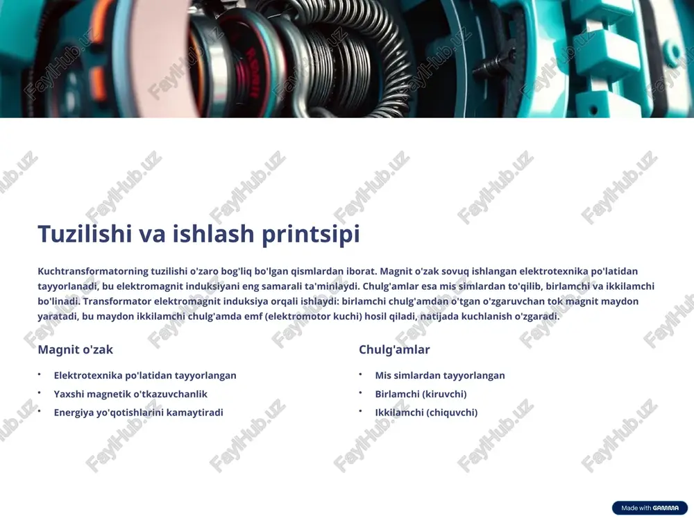 snifiga kiradi. ularning samaradorligi va ishonchliligi butun elektr tizimining barqarorligini ta'minlaydi. innovatsiyalar yordamida energiya yo'qotishlarini kamaytirish, xizmat muddatini uzaytirish va monitoring tizimlarini takomillashtirishning imkoni ko'pdir. tuzoq transformatorlarni nozik ravishda texnik xizmat ko'rsatish elektr energiyasining samarali istifodasi uchun zarurdir. rol va ahamiyat energiya uzatish tizimining asos komponenti samaradorlik tizim barqarorligini ta'minlab xizmat qiladi kelajak rivojlanishlari innovatsiyalar orqali yanada yaxshilanishining imkoni 10 image-1002-1.png image-1-1.png image-1003-1.png image-2-1.png image-1004-1.png image-3-1.png image-1005-1.png image-4-1.png image-1006-1.png image-5-1.png image-1007-1.png image-6-1.png image-1008-1.png image-7-1.png image-7-2.png image-1009-1.png image-8-1.png image-8-2.png image-8-3.png image-1010-1.png image-9-1.png image-9-2.png image-9-3.svg image-9-4.png image-9-5.svg image-9-6.png image-9-7.svg image-1011-1.png image-10-1.png
