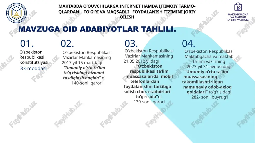 berjinoyat haqidagi ma’lumotlar bilan doimiy tanishtirib borish. maktab o‘quvchilarining dars jarayoni, maktabdan va oiladan tashqari vaqtlarda onlayndan foydalanishlari va uning xavfsizligi ta’minlash masalasida ota-onalarga yetarli ko‘nikmaning mavjud emasligi. kanadada cybertip.ca ota-onalarga bolalarining onlayn xavfsizligini ta’minlash bo‘yicha maslahatlar va resurslar taqdim etadi. ushbu platforma orqali ota-onalar bolalarining onlayn faoliyatini qanday nazorat qilish va xavfsizligini ta'minlash bo‘yicha maslahatlar olishlari mumkin. maktabda ota-onalarga bolalarining onlayn xavfsizligini himoyalashda maslahatlar,resurslar, qanday nazorat qilish va xavfsizligini ta'minlash haqidagi treninglarni tashkil etish. presentation template by xulosa maktabda o‘quvchilarga internet hamda ijtimoiy tarmoqlardan to‘g‘ri va maqsadli foydalanish tizimini joriy qilish o‘zbekistonda o‘quvchilarga internet va ijtimoiy tarmoqlardan to‘g‘ri va maqsadli foydalanishni o‘rgatish bo‘yicha xorijiy tajribalardan o‘rganish mumkin bo‘lgan asosiy jihatlar shundan iboratki, raqamli savodxonlikni oshirish, amaliy mashg‘ulotlar o‘tkazish, ota-onalar va o‘qituvchilarni jalb qilish, kiberbullyingning oldini olish dasturlarini yaratish va ta'lim texnologiyalarini kengroq joriy etish zarur. bu yondashuvlar o‘z navbatida o‘quvchilarning raqamli dunyoda xavfsiz va samarali harakat qilishiga yordam beradi. …