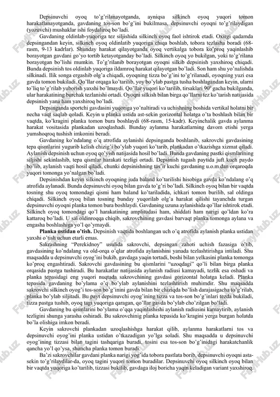 zligini oshiradi. bir oyoqda cho’nqaygan holatdan u.o.m.ni pastdan yuqoriga tez ko’tarish oyoqni depsinish joyiga tezroq qo’yishni ta’minlaydi va oxirgi yugurib kelish qadamini qisqartiradi. yugurib kelish tezligi yuqori bo’lsa, depsinish yaxshi chiqadi, shuning uchun uzoqroqdan yugurib kelinadi. bu, tezlikni ravon oshirishga, oxirgi yugurish qadamlarini erkinroq bajarishga va umuman depsinishga yaxshiroq tayyorlanishga imkon beradi. 68-rasm. balandlikka “perekidnoy” usulida sakrash. yugurib kelish 7-9 yugurish qadamlaridan iborat bo’ladi. nazorat belgi yugurib kelishning boshida va uchinchi qadamida qo’yiladi. yugurib kelishning uzoqligi ko’proq sakrovchining katta tezlikda depsina olish qobiliyatiga bog’liq. yugurib kelish birdaniga yugurishdan yoki 2-4 qadam tezlana boradigan yugurishdan boshlanishi mumkin. keyingi xil yugurib kelishning uzoqligi 15-17 m.gacha etadi. masalan, v.brumel 2 m 16 sm balandlikka sakraganda, asosiy yugurib kelish, 7 yugurish qadamidan (11 m 74 sm) qo’shimchasi esa 4 ta tezlanuvchi qadamdan (3 m 50 sm) iborat edi. umuman yugurib kelish esa 15 m24 sm.ga teng bo’lgan. yugurib kelish burchagi “hatlab o’tish” va “perekat” …