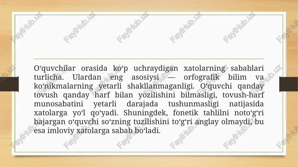 bu faoliyat orqali maktab dasturlaridagi orfografiya ta’limining kuchli va zaif tomonlari aniqlanadi, o‘qituvchining yondashuvlari samaradorligi baholanadi, eng muhimi – o‘quvchi yozuv malakasini rivojlantirishning aniq yo‘nalishlari belgilanadi. xulosa boshlang‘ich sinf o‘quvchilarida orfografik xatolarni aniqlash va ularni bartaraf etish muhim o‘quv-uslubiy vazifalardan biridir. ushbu ilmiy ishda orfografik xatolarning asosiy turlari, ularning kelib chiqish sabablari, aniqlash metodikasi hamda tuzatish va oldini olish yo‘llari keng yoritildi. tahlillardan ko‘rinib turibdiki, o‘quvchilarning yozma nutqida uchraydigan asosiy xatolar harflarni tushirib qoldirish, tovushga mos kelmaydigan harf bilan yozish, qo‘shimchalarni adashtirish, ajratib yozish yoki qo‘shib yozish, bosh harf-kichik harf bilan bog‘liq holatlar bilan ifodalanadi. bu xatolar, asosan, o‘quvchilarning imlo qoidalarini mukammal o‘zlashtirmasliklari, e’tiborsizlik, fonetik tahlil qilishda qiynalishlari, yozma mashqlarning kamligi va individual yondashuv yetishmasligi sababli yuzaga keladi. tadqiqot jarayonida o‘quvchilarning yozma ishlarini tahlil qilish, xatolarni toifalarga ajratish, sabablari bilan bog‘lash hamda shu asosda metodik chora-tadbirlarni ishlab chiqish lozimligi aniqlandi. xatolarni aniqlashda tizimli kuzatish, test va diktant ishlari, xatolar daftarini …