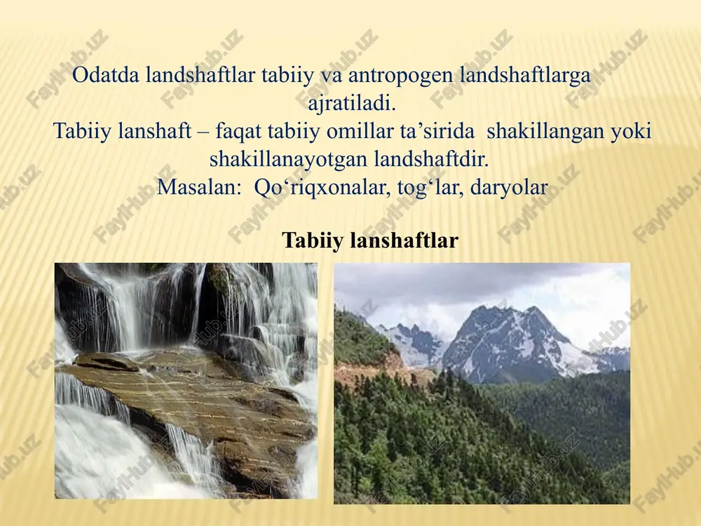 andshaftlarning turlari geotizimlar (landshaftlar) - tabiiy tuzilishining ajralmas qismidir tabiiy sharoitlarni yaxshilash va unumli foydalanishning asosiy masalalaridan biri inson o’z faoliyati davomida tabiatga moslashishdir geotizim va tabiat tuzilishi bir-biriga bog‘liq bo‘lib, bu ikki asosiy komponentlar ekotizimni tashkil qiladi ekotizim deganda, a’lohida organizmlarning yoki populyatsiyalarning qo‘shilishi tushuniladi. ekotizim tirik va notirik organizmlar tuzilishiga a’lohida yondashgan holda o‘rganib, ularning tabiat hodisalari bilan bog‘liqligini o‘rganadi. geotizim iyerarxiyasi ishlab chiqilgan. ular joylashishi bo’yicha quyidagicha taqsimlanadi: landshaftlar zonasi: davlatlar, viloyatlar provinsiyalar okruglar; landshaftlar. landshaftlar o’z o’rnida joylar, maydonlar va fatsiyalarga bo’linadi. landshat geologic asosga ega bo’lib u tog’lar majmuasidan iborat genetic mazkur joyning iqlimi shu joyning tuproq tuzilishi ham ahamiyatga molikdir. landshaft tuzilishi har xil shakllarda relyef tuzilishiga ko‘ra bo‘ladi. ular bir-biridan mikroiqlim, suv rejimi, o‘g‘itlanishi, tuproq turiga qarab va azonal tuproq hosil qiluvchanligiga qarab farqlanadi. shu tufayli landshaft tuzilishi va tarkibiga ko‘ra juda mukammal va ko‘p qirralidir. «landshaft» atamasi nafaqat tabiatshunoslik tushunchasi, balki bu …