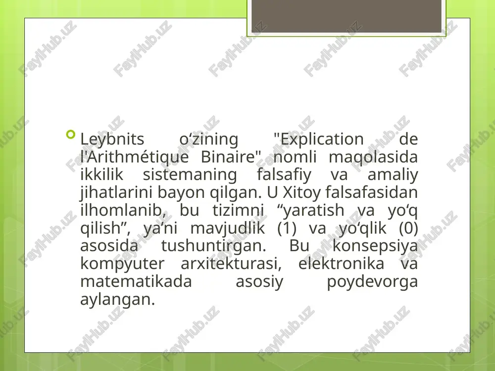 erlari – bularning hammasi ikkilik ma’lumotlar asosida ishlaydi. hatto zamonaviy kir yuvish mashinalari yoki mikroto‘lqinli pechlar ham ichki protsessorlarga ega bo‘lib, ularga berilgan dasturlar 0 va 1 lardan tashkil topgan. kundalik hayotda har bir harakatimiz raqamli texnologiyalar orqali nazorat qilinadi. masalan, bank kartasidan foydalanish. siz terminalga kartani qo‘yasiz – bu jarayonda ikkilik kodlar yuboriladi: mijozning raqami, balans holati, pin kod, tranzaksiya miqdori va tasdiqlovchi signal. bu jarayonlar soniyalar ichida, ikkilik sanoq tizimi yordamida amalga oshadi. shuningdek, uyali telefonlar orqali yuborilayotgan sms, internetdan yuklab olinayotgan fayllar, youtube’dagi videolar – barchasi ikkilik kodlarga aylantirilib, qurilmangizga yetkaziladi. masalan, rasm 1 000 000 dan ortiq bitlardan tashkil topgan bo‘lishi mumkin. shuningdek, bulutli texnologiyalar orqali fayllarni saqlash va ularga masofaviy kirish ham ikkilik kodlar orqali amalga oshadi. hatto mobil ilovalarning ishlashi, yangilanishi, push-bildirishnomalar yuborilishi — bularning barchasida 0 va 1 lar asosiy rol o‘ynaydi. yakuniy fikr shuki, zamonaviy odam kundalik hayotda raqamli qurilmalarsiz tasavvur etilmaydi. …