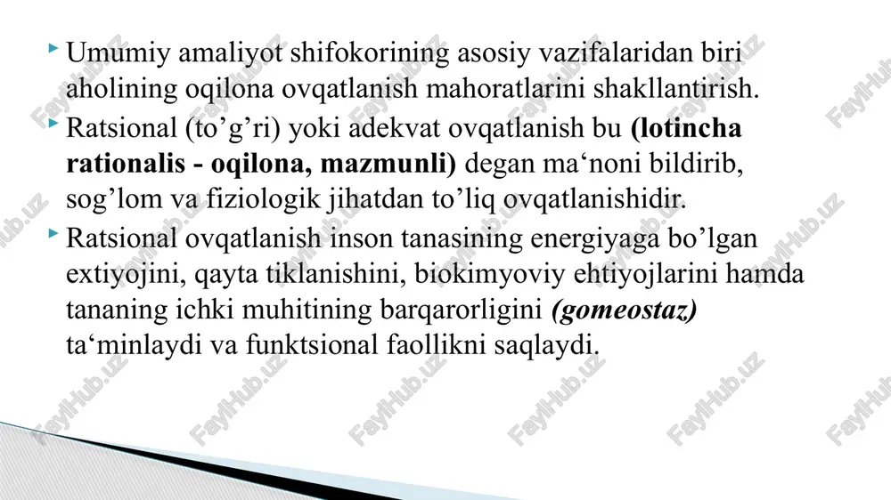g energetik qiymatini inobatga olib, mahsulotlar kursatilgan taomnoma tuziladi 3.olingan ma’lumotlar ovqatlanishning fiziologik meyorlari bilan takkoslanadi • ovqatlanishdagi milliy urf-odatlar, yilning fasli va b.k.ni hisobga olib, ovqatlanish tartibi bo‘yicha ovqat mahsulotlarining oqilona taqsimlanganligi haqida fikr yuritish uchun 1-3 kun ichidagi amaldagi ovqatlanish sifatini tahlil qilish mumkin. buning uchun quyidagi shaklda tomnoma tuziladi. ratsional ovqatlanishning asosiy tamoyillarini bilish shifokorga bemorning ovqatlanish holatini baholashga, to’yib ovqatlanmaslik bilan bog’liq kasalliklarning belgilarini aniqlashga, ovqatlanishni, ilmiy asoslangan dietani ya‘ni parhezni tuzatish bo’yicha tavsiyalar ishlab chiqishga imkon beradi. ovqatlanish adekvatligini o’rganishning ikki guruhi mavjud: ijtimoiy-iqtisodiy; ijtimoiy-gigiyenik. ijtimoiy-iqtisodiy usullarga respublika, viloyatlar, shaharlar darajasida oziq- ovqat siyosatini tahlil qilish va rejalashtirishda qo’llanadigan balans va budjet usullari kiradi. balans usuli aholi jon boshiga o’rtacha oziq-ovqat iste‘molini hisoblash imkonini beradi. budjet tadqiqotlari usuli aholining turli ijtimoiy- iqtisodiy va hududiy guruhlarida oziq-ovqat iste‘moli tarkibini o’rganishni nazarda tutadi. oziqlanishni individual (yakka) va guruh darajasida baholash uchun ijtimoiy-gigiyena usullari qo’llaniladi. uyushtirilgan ovqatlanishni o’rganishda …