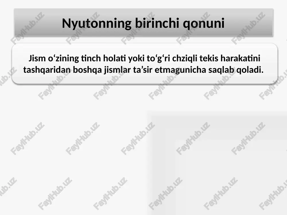 bo‘lsa, impuls momenti o‘qqa nisbatandir. kuch momenti aylanish markaziga nisbatan bo‘lgani uchun vektor kattalikdir. impuls momenti o‘qqa nisbatan bo‘lgani uchun vektor kattalik bo‘lmaydi. 00 aylanish o‘qiga o‘rnatilgan qattiq jismga ixtiyoriy tashqi kuch ta’sirini ko‘rib chiqaylik. aylanish o‘qida 0 bosh nuqta yoki qutbni belgilab olamiz. tizimning massa markazidan o‘tgan 00 o‘qqa maxkamlangan jismning, shu o‘qdan r masofada joylashgan qandaydir a nuqtasiga istalgan yo‘nalishda kuchni qo‘yamiz. bu kuch vektori bilan ustma-ust tushgan chiziqni kuchning ta’sir chizig‘i deb ataymiz. kuch momenti aylanish o‘qiga perpendikulyar bo‘lgan tekislikda yotuvchi kuchning tashkil etuvchisi jismning aylanishiga sabab bo‘ladi. tashqi kuchning - tashkil etuvchisi 00 o‘q bo‘ylab jismning ilgarilanma harakatini vujudga keltiradi. kuchning -tangensial tashkil etuvchisi ta’sirida mi massali a nuqta radiusli aylanani chizadi. kuch momenti kuchning aylantirish effekti 00 o‘q bilan kuchning ta’sir chizig‘i orasidagi masofa katta bo‘lishi bilan orta boradi. radius – vektor ning kuchga vektor ko‘paytmasi kuchning ixtiyoriy qo‘zg‘almas 00 o‘qqa nisbatan kuch momenti deb …