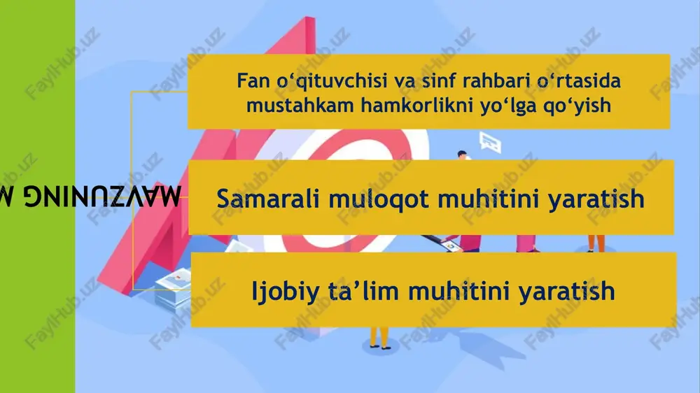 riga qarab, akademiyaga jalb qilish. chora-tadbirlar rejasi t/r muammo muammoning yechimini amalga oshirish mexanizmi mas’ullar muddati natija 1 tahlil va diagnostikani rahbarlar tomonidan vaqtida nazorat qilib borilmasligi. 1.hozirgi holatni baholash. 2.muammo va ehtiyojlarni aniqlash. maktab direktori, mmibdo‘ va o‘tibdo‘ o‘quv yili davomida. maktab rahbarlari, fan o‘qituvchilari va sinf rahbarlari o‘rtasida samarali hamkorlik maktabning ijobiy muhitini va sifat ko’rsatkichini yaxshilaydi. bu o’quvchilar muvaffaqiyatlarini yangi bosqichga olib chiqadi. 2 uzoq muddatli strategiyalarni ishlab chiqish. 1. fan o‘qituvchilari va sinf rahbarlari o‘rtasida doimiy aloqa kanallari yaratish. 2.birgalikdagi tadbirlar. maktab direktori, mmibdo‘ va o‘tibdo‘ 2024-yil 15-avgust. o‘qituvchilar va sinf rahbarlar aniq maqsad asosida hamkorlikni amalga oshirish imkoniyati yaratiladi. 3 monitoring va baholash. 1.monitoring tizimi. 2 .baholash me’zonlarini ishlab chiqish. maktab direktori, mmibdo‘ va o‘tibdo‘ 2024-yil 31-avgust. aniq baholash mexanizmi va monitoring natijasida o‘qituvchilarni shaffof rag‘batlantirish yo‘lga qo‘yiladi. “dunyoda turmoq uchun dunyoviy fan va ilm lozimdur” mahmudxo‘ja behbudiy e’tiboringiz uchun rahmat image1.png image2.png image3.jpeg image4.jpeg …