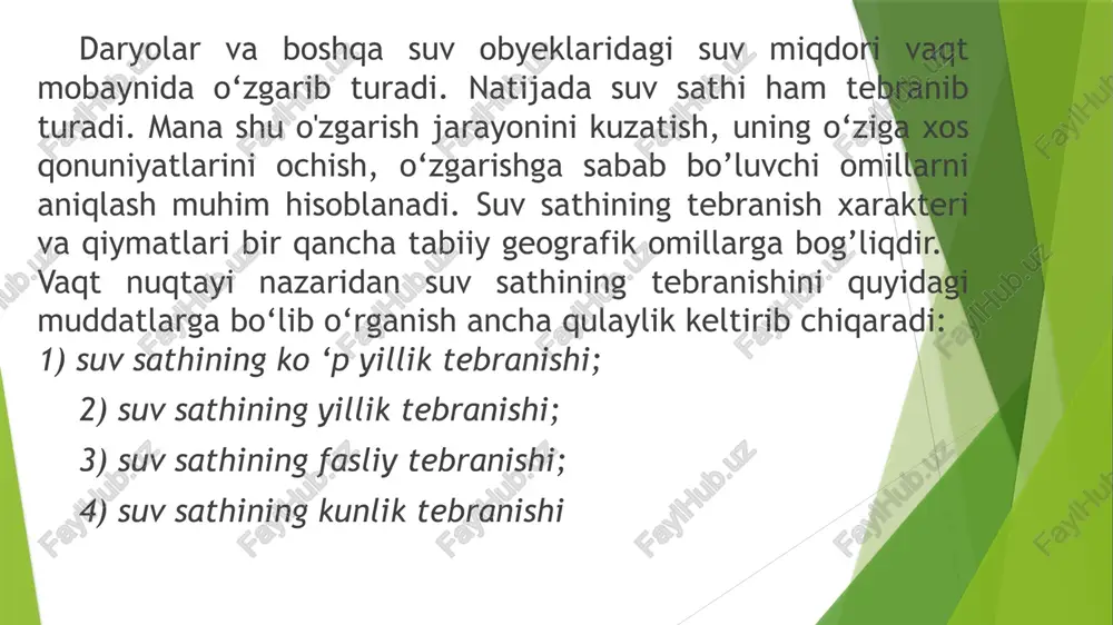 ryolarda chuqurlik o’lchash ishlari suvning oqish tezligini yoki suv sarfini aniqlash maqsadida amalga oshiriladi. shu bilan bir vaqtda, ya’ni daryolarda chuqurlik o’lchash ishlarini bajarish natijasida biz o‘zanning planini izobat yoki gorizontallarda tasvirlab berishimiz, daryoning ko‘ndalang va bo‘ylama profilini tuzishimiz mumkin bo’ladi. chuqurlik o’lchash ishlarini bajarish katta mehnat talab qiladi va ancha murakkabdir. shuning uchun ham o‘zan tubi relyefini aniq ko‘rsatib berish imkoniyati cheklangan. daryolarda chuqurlik o’lchash ishlari quyidagi holatlarda, ma’lum maqsadlarni ko‘zlab, amalga oshiriladi: 1) daryolarni gidrografik jihatdan o‘rganish maqsadida; 2) daryolarda kema qatnovini yo’lga qo‘yish va yog‘och oqizish maqsadida; 3) gidrotexnik inshootlarni loyihalash va qurish vaqtida; 4) ilmiy tadqiqot ishlarini olib borish vaqtida; 5) daryolarda maxsus gidrometrik ishlarni (tezlikni o’lchash, suv sarfini aniqlash) bajarish vaqtida. hozirgi vaqtda daryolarda hamda nisbatan chuqur bo’lmagan ko’l va suv omborlarida chuqurliklarni o’lchashda gidrometrik usul qo’llaniladi. gidrometrik usulda chuqurlikni o’lchashda namyotka, shtanga, suv o’lchash reykasi, gidrometrik lotlardan foydalaniladi. bunda qaysi bir asbobni tanlash daryo, …