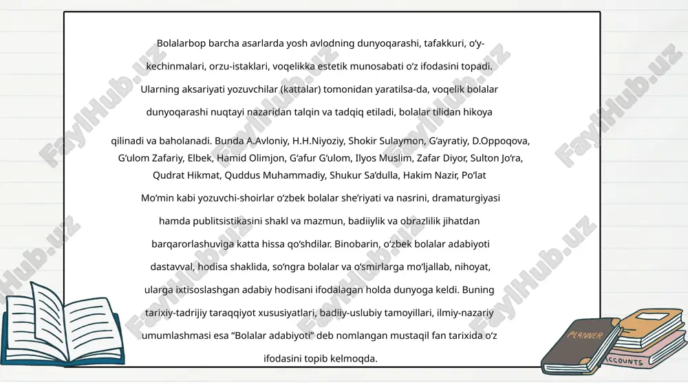amma narsani – maktab-maorifdan jamiyat idora tuzumigacha yangilamog‘i, o‘zgartirmog‘i lozim bir davrda o‘zbek bolalar matbuoti, adabiyotiga ham asos solingani bejiz emasligi ayni haqiqatdir. tezkorlik bilan yangi avlod tarbiyasiga kirishmoqning yagona yo‘li sifatida ularga mo‘ljallangan matbuot va adabiyotga ehtiyoj tug`ilgan, albatta. shu tariqa, ma’rifatparvar pedagoglarning darsliklari, yetuk adiblarning bolalarga bag‘ishlangan didaktik hikoyalaridan bolalarga mo‘ljallangan maxsus adabiyot sari jadal qadam tashlangan. natijada abdulla avloniy, hamza hakimzoda niyoziy kabi ijodkorlar bu borada ham faollik ko`rsatadi. 8 abdulla avloniy (1878-1934) – islohotchi pedagog va bolalar shoiridir. uning bolalar adabiyotiga qo‘shgan benazir xizmati o‘z darsliklardagi she’rlari, hikoyalari, matn va masallarining bolalarbopligi bilan asoslanadi. jumladan, “ikkinchi muallim”dagi “maktabga da’vat” she’rida bevosita yosh kitobxonga murojaat qilinadi: boqdi gunash panjaradan bizlara, yotma deyur barcha o‘g‘il qizlara. nolayi faryod qilib barcha qush: maktabingiz vaqti, deyur sizlara. boshladi har kim o‘z ishin ishlara, siz-da turing, maktabingiz izlara. siz-da kitoblarni oling shavq ila, tez yuguring, ilm yo‘lin gezlara. 9 she’rda tong …