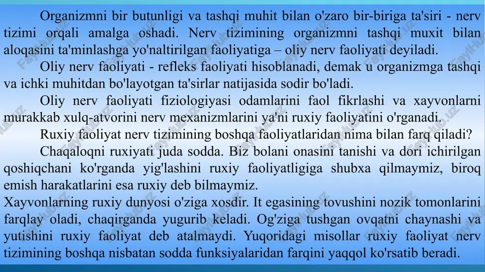 a hayotiy tajribalar asosida hosil bo’ladi. muayyan refleks uzoq vaqt takrorlanmasa bu shartli refleks so’nadi. shartli refleks hosil bo‘lishidagi shart-sharoit. shartli reflekslar hosil bo‘lishi uchun quyidagilar zarur: 1) befarq (indifíeoyent) ta’sir, bu ta’sir shartli ta’sir deb yuritiladi; 2) shartli ta’sir shartsiz ta’sirdan oldin kelishi va shartsiz ta’sir qila boshlagandan keyin ham birmuncha vaqt ta’sir ko‘rsatib turishi kerak; 3) shartli va shartsiz ta’sirlar shu tariqa birga qo‘llanilishi kerak. shartli ta’sir shartsiz ta’sir bilan quvvatlab turilmasa, shartli refleks hosil bo‘lmasligi mumkin. hayot mobaynida ba’zi shartli reflekslar so‘nib, yangilari paydo bo'lib turadi. masalan, bola tug‘ilgandan keyin ma’lum vaqtlarda onasini 7-8 marta emsa, 1,5-2 yashar bo‘lganda bir sutkada 5-6 marta emadi, katta bo‘lganida esa 3-4 mahal ovqatlanadi. shartli refleksning hosil bo‘hsh tezligi odamning hayot tarziga, yoshiga, nerv sistemasining funksional holatiga, ta’sirlovchilarning tabiatiga bog‘liq bo‘ladi. bolalarda turli rang, shakl va o‘yinchoqlarga so‘lak ajratish yoki himoya va boshqa shartli reflekslar hosil bo‘lishi mumkin. shartli reflekslar hosil …