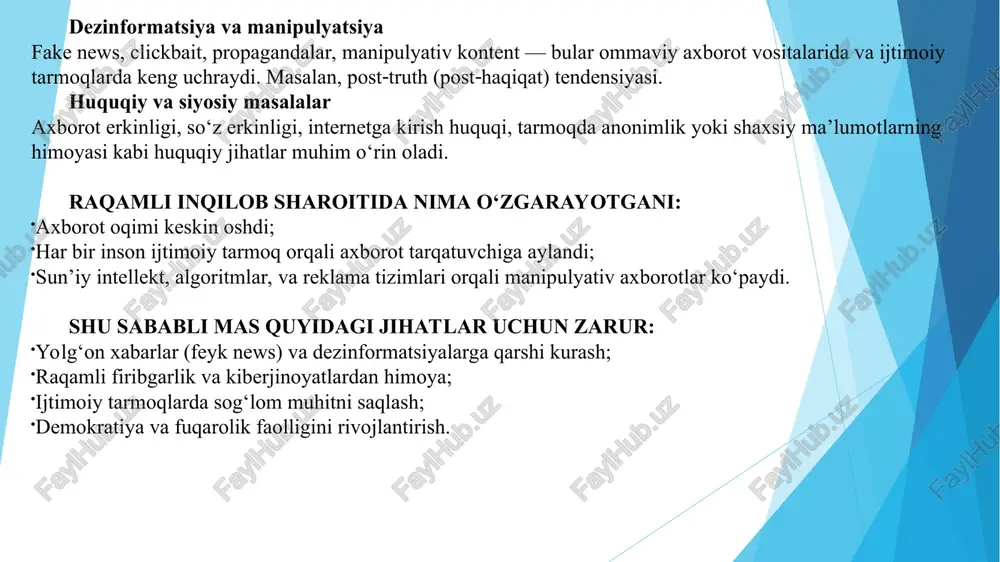 isbatan “shaxsiy sha’ni va qadr-qimmatini tahqirlash” moddasi bilan chora ko‘riladi. misol 2: youtubeda muallif ruxsatisiz kontent joylashtiradi (masalan, musiqani fon sifatida qo‘shadi) – kanaliga nisbatan mualliflik huquqini buzganlik sabablari bilan shikoyat yuboriladi. raqamli davrda bu ko‘nikmalar kimlarga kerak? o‘quvchilar va talabalar – mustaqil axborot tahlili uchun, o‘qituvchilar – o‘quvchilarga tanqidiy fikrlashni o‘rgatish uchun, ota-onalar – farzandlarining internetdagi xavfsizligini ta’minlash uchun, blogerlar/jurnalistlar – axborotni mas’uliyat bilan tarqatish uchun, har bir fuqaro – ongli qarorlar qabul qilish, soxta axborotdan saqlanish uchun. xulosalar va tavsiyalar media va axborot savodxonligi har bir shaxsda shakllanishi lozim — ya’ni, faqat maktab/yunivesitetlarda emas, balki jamiyatda, oilada, ijtimoiy hayotda ham tarbiyalanishi zarur. raqamli gigiyenaga ehtiyotkorlik — shaxsiy ma’lumotlar, qurilmalar, tarmoqlardan foydalanish bo‘yicha xavfsiz amaliyotlar kundalik turmushning asosiy qismi bo‘lishi kerak. etik qadriyatlar — hurmat, halollik, mas’uliyat axborot almashuv va internet foydalanishda yetakchi bo‘lishi kerak. huquqiy bilim — axborot huquqlari, internetni nazorat qilish, shaxsiy ma’lumotlarni himoya qilish qonunlari, qonuniy …