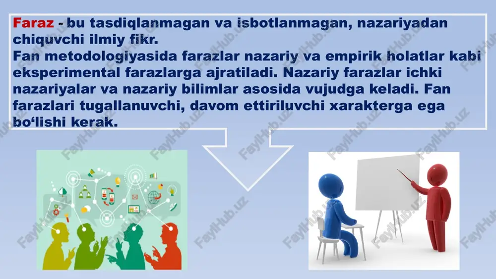 ukturali yoki erkin shakllarda bo‘lishi mumkin. misol: o‘quvchilarning tanaffusdagi muloqot uslublarini kuzatish. 2. so‘rovnoma (anketa) ishtirokchilarga savollar to‘plami beriladi, ular o‘z fikrlarini yozma tarzda bildiradilar. oddiy va samarali usul. misol: stress darajasini aniqlash uchun test-so‘rovnoma. 3. suhbat (intervyu) ochilgan va chuqur tahlilga asoslangan muloqot. strukturali, yarim strukturali yoki erkin bo‘lishi mumkin. misol: ota-onalar bilan bolaning emotsional rivojlanishi haqida intervyu. 4. hujjatlarni tahlil qilish kundaliklar, insholar, maktublar, ijtimoiy media yozuvlari orqali psixologik holatni o‘rganish. kontent-tahlil metodidan foydalaniladi. misol: talabalarning insho matnlarida stress belgilarini aniqlash. 5. biografik metod (hayotiy yo‘l tahlili) shaxsning o‘z hayoti haqida bergan ma’lumotlarini tahlil qilish. hayotiy voqealar, tajribalar orqali psixologik xususiyatlarni aniqlash. 6. test metodlari (diagnostika uchun, lekin noeksperimental shaklda) shaxs, qiziqish, xulq-atvor kabi jihatlarni baholash uchun standart testlar qo‘llanadi. eksperiment emas, balki holatni tavsiflovchi vosita sifatida ishlatiladi. 1.5. eksperimental gipotezalar eksperimental gipoteza - ilgari olingan bilimlar asosida tushuntirib bo'lmaydigan yoki boshqacha tarzda izohlangan har qanday psixologik faktni …