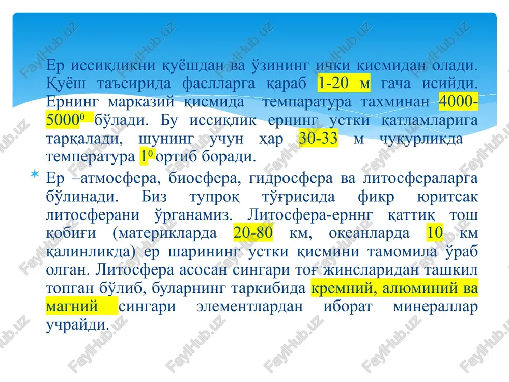 lik fanlarining ham rivojlanishiga katta ta'sir ko'rsatadi. n.m.sibirtsev (1860-1900) –v.v.dokuchaevning shogirdi va safdoshi – tuproqshunoslik fanining rivojlanishiga katta xissa qo'shgan olimdir. n.m.sibirtsev geografik printsipga asoslangan va hozirda ham o'z ahamiyatini ma'lum darajada saqlab qolgan tuproq klassifikatsiyasini tuzdi. u ham tuproq hosil bo'lishi tog' jinslarni abiotik va biologik faktorlarining birgalikda ta'sir etishdan yuzaga kelishini ta'kidlab o'tdi. p.a.kostichev (1845-1895)- tuproqshunoslikda agrobiologik yo'nalishining asoschilaridan biridir. uning olib borgan ishlari qora tuproqlarni o'rganish va ularni unumdorligini oshirishga qaratilgan tadbirlarni ishlab chiqishdan iborat bo'ldi. ayniqsa kostichevni tuproq gumusini hosil bo'lishi ustida olib borgan ishlari muxum ahamiyatga egadir. p.a.kostichev fikriga ko'ra tuproq gumusini hosil bo'lishi tuproqdagi mikroorganizmlarning faoliyatiga bog'liq. p.a.kostichev tuproq deb, o'simlik ildizlari etib borgan ustki qatlamni hisoblaydi, tuproq hosil bo'lish jarayoni o'simliklar faoliyati bilan chambarchas bog'liq ekanligini ta'kidlaydi. bu xaqda p.a.kostichev shuday yozgan edi: "tuproq tabiatda o'simliklar rivojlanadigan yagona muxitdir va bir vaqtning o'zida tuproq unda rivojlanayotgan o'simliklarning maxsuli hamdir". v.r.vilyams (1863-1939) tuproq hosil …