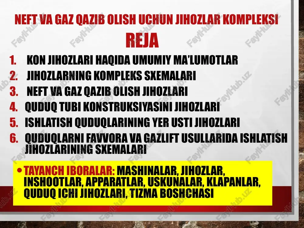 o’ljallangan. jihozlar ko’targichdan, favvora armaturasi va manifold tashkil topgan bo’ladi, quduq ichidan yer ustiga mahsulotni ko’tarib beradi, favvoralanishni boshqaradi va nazoratini ta’minlaydi hamda quduqning optimal ish rejasini saqlab turadi. gazlift jihozlari ko’targichga siqilgan gazni uzatish orqali quduqlarni ishlatishga mo’ljallangan. bu jihozlarga qoyirish va ishchi klapanlarning gazlift ko’targichining jamlamasi, gazlift armaturasining majmuali o’lchov asboblari bilan manifoldi, kommunikatsiya–quvur uzatmalarning murakkab tarmog’i, avtomatlashtirish va boshqarish vositalari bilan quduqqa gazni uzatgichlar kiradi. motokompressorli gaz kompressor stantsiyasi quduqga gazni uzatishda va siqib berishda qo’llaniladi, berilgan energiya yordamida quduq ichidagi suyuqlik yer ustiga ko’tariladi. bekituvchi qurilmalar–neft, gaz va suv uzatmalarini bekitishda va germetiklashda keng qo’llaniladigan jihozlarning turiga kiradi. bekitish qurilmalari favvora armaturasida suyuqlik yoki gazni oqimini boshqarish hamda gazlift va boshqa turdagi quduqlarni ishlatishda qo’llaniladi. nasos kompressor quvurlari neft va gaz qazib olish sanoatida keng qo’llaniladi. quduqlarni favvora, gazlift va mexaniq usullarda ishlatishda ko’targichlar sifatida foydalaniladi hamda har xil turdagi texnologik jarayonlarda, yuqori bosimli quvurlarda ko’pincha …