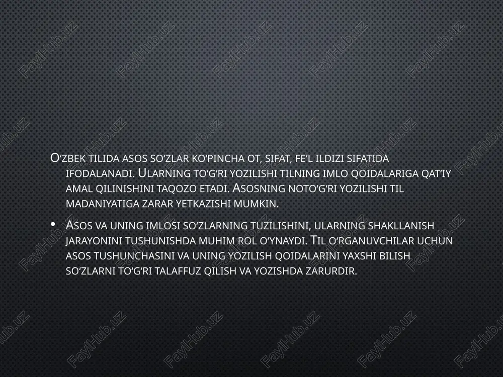 sga birikib, so‘zlarning grammatik shakllanishini, yangi ma’nolar hosil bo‘lishini ta’minlaydi. ushbu qoidalarni to‘g‘ri qo‘llash so‘zlarni aniq, ravon va madaniyatli yozishga yordam beradi. qo‘shimchalar va asos yozilishidagi xatolar ko‘pincha talaffuzga asoslangan noto‘g‘ri yozishdan kelib chiqadi, shuning uchun ham ularni yaxshilab o‘rganish zarur. zamonaviy tilshunoslik me’yorlari asosida belgilangan qoidalar esa o‘zbek tilining rivojlanishiga, uning yagona va tushunarli yozilishiga xizmat qiladi. foydalanilgan adabiyotlar abdukarimov, s. (2012). o‘zbek tili imlosi va punktuatsiyasi. toshkent: o‘zbekiston milliy nashriyoti. sobirov, t. (2015). yozma nutq madaniyati va imlo qoidalari. toshkent: o‘qituvchi nashriyoti. mirzayev, q. (2018). o‘zbek tili grammatikasi va yozuv madaniyati. samarqand: samdu nashriyoti. o‘zbekiston respublikasi ta’lim vazirligi. (2020). o‘zbek tili grammatikasi va imlosi. internet manbalari: www.ziyonet.uz – o‘zbek tiliga oid ta’lim va metodik materiallar. www.lex.uz – rasmiy normativ hujjatlar va imlo qoidalari. /docprops/thumbnail.jpeg