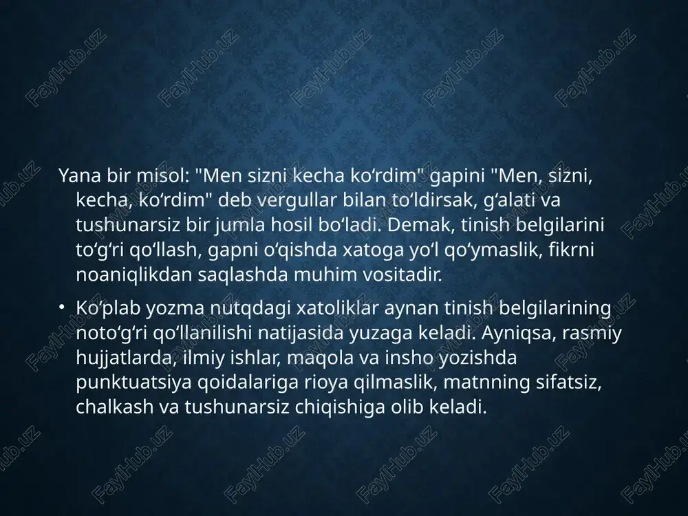 tuatsiya orqali dramatizm, ifodaviylik, psixologik holatlar va personajlar ruhiyati yoritiladi. jumlalardagi pauzalar, chiziqlar, undov va savol belgilarining to‘g‘ri joylashuvi badiiy ta’sirchanlikni oshiradi. zamonaviy yozuvchilarning punktuatsiyaga yondashuvi ham e’tiborga molik. ba’zida ular punktuatsiyani maxsus san’at darajasida qo‘llab, uslub yaratadilar. misol uchun, ba’zi yozuvchilar tinish belgilari yordamida she’riy satrlarni ta’sirliroq qiladilar yoki qahramonlar ichki monologini bo‘laklarga ajratib tasvirlaydilar. xulosa punktuatsiya – yozma nutqning ajralmas va zaruriy unsurlaridan biridir. tinish belgilarining to‘g‘ri qo‘llanishi orqali fikr aniqligi, ohang uyg‘unligi va matnning tushunarliligi ta’minlanadi. yozma muloqotda pauza, urg‘u, his-tuyg‘ular aynan tinish belgilar orqali ifodalanadi. shuning uchun ham punktuatsiya yozuvchining fikrni qanday tarzda yetkazishini belgilaydi, matnning uslubini boyitadi, o‘qishda qulaylik va tushunarlilik yaratadi. punktuatsiya faqat grammatik jihatdan emas, balki ma’nodagi aniqlik, muloqot madaniyati va savodxonlik ko‘rsatkichidir. har bir tinish belgisi o‘z vazifasini to‘g‘ri bajargan taqdirdagina, matn to‘liq va mukammal chiqadi. ayniqsa, zamonaviy axborot oqimi kuchli bo‘lgan davrda yozma muloqotga talab oshgan. shu bois har bir o‘quvchi, …