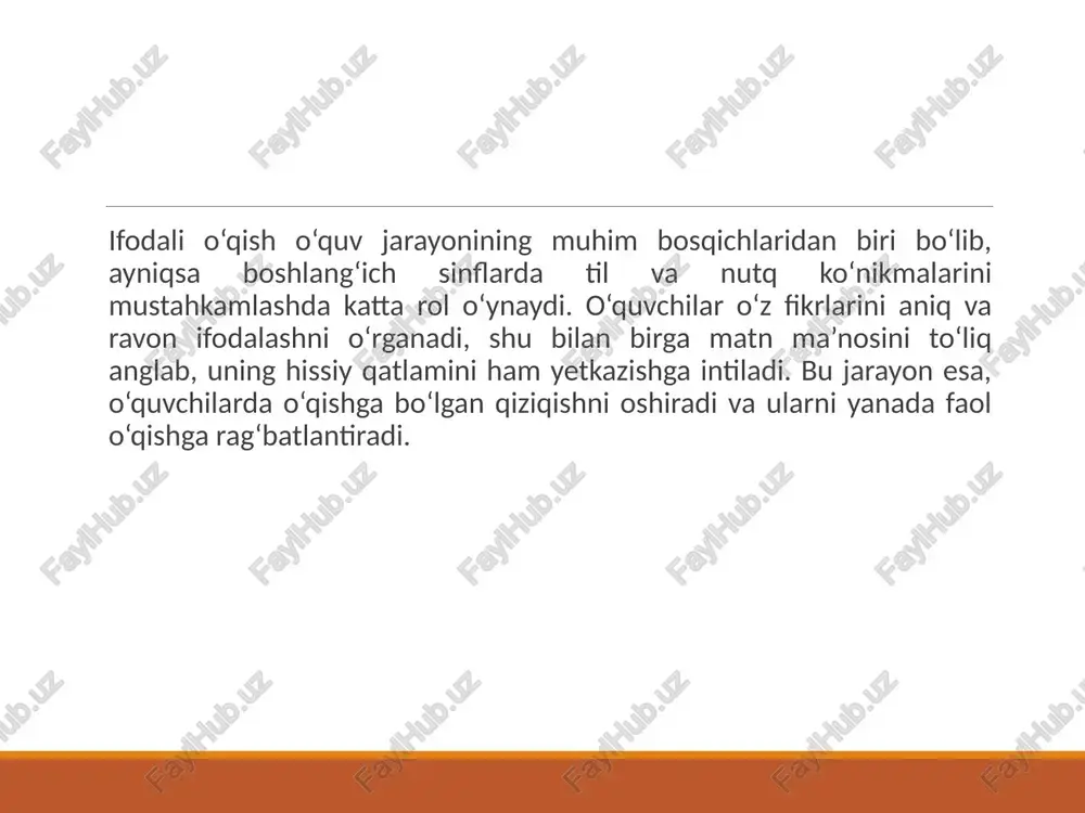 fatida shakllantiradi. foydalanilgan adabiyotlar abdullaev, a. (2015). o‘zbek tili va adabiyotini o‘qitish metodikasi. toshkent: fan. karimov, s. (2017). til madaniyati va nutq madaniyati. toshkent: o‘qituvchi. mamatqulov, j. (2019). ifodali o‘qish san’ati va metodikasi. toshkent: sharq. rasulov, b. (2020). boshlang‘ich sinflarda o‘qitish metodikasi. toshkent: o‘quvchi. sobirov, t. (2018). o‘qituvchi uchun metodik qo‘llanma. toshkent: ta’lim. /docprops/thumbnail.jpeg