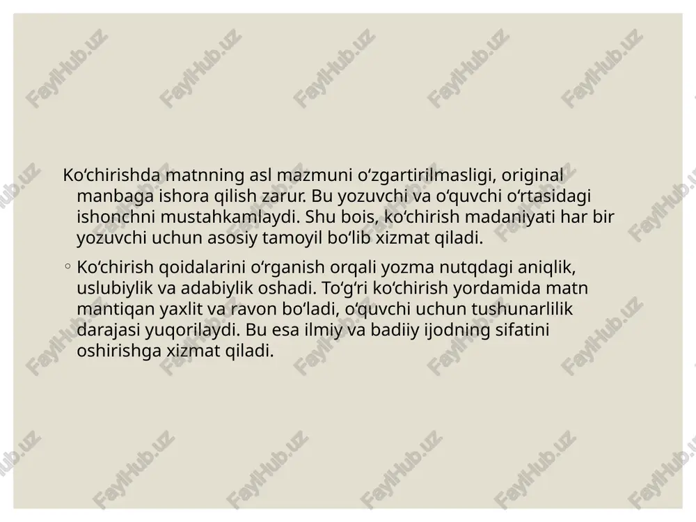 sh, plagiatga yo‘l qo‘ymaslik va manbalarni hurmat qilish uchun xizmat qiladi. foydalanilgan adabiyotlar jo‘raev, m. (2010). o‘zbek tilida yozish madaniyati. toshkent: o‘zbekiston milliy ensiklopediyasi. xaitov, z. (2014). yozma nutq madaniyati va imlo qoidalari. toshkent: o‘qituvchi nashriyoti. normurodov, i. (2018). ilmiy ishlarni yozish qoidalari. samarqand: samdu nashriyoti. boboxonov, s. (2015). til madaniyati va ko‘chirish qoidalari. toshkent: o‘zbekiston respublikasi xalq ta’limi vazirligi. o‘zbekiston respublikasi ta’lim vazirligi. (2020). ilmiy ishlar tayyorlash qo‘llanmasi. internet manbalari: www.ziyonet.uz – o‘zbek tiliga oid ta’lim va metodik materiallar. www.lex.uz – rasmiy normativ-huquqiy hujjatlar bazasi. image2.jpg /docprops/thumbnail.jpeg